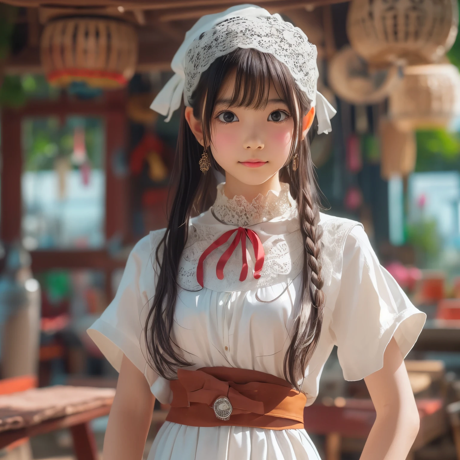 detailed face, cute face,brown eye, ((sfw: 1.4)), (sfw,She is wearing a long white embroidered skirt, a red blouse with lace, a white apron tied around her waist, blue socks, and brown leather shoes.A blue scarf is on her head. Yes, her accessories include necklaces, earrings, and bracelets. 1 Girl)), Ultra High Resolution, (Realistic: 1.4), RAW Photo, Best Quality, (Photorealistic Stick), Focus, Soft Light, ((15 years old)),  ((Japanese)), (( (young face))), (surface), (depth of field), masterpiece, (realistic), woman, bangs, ((1 girl))