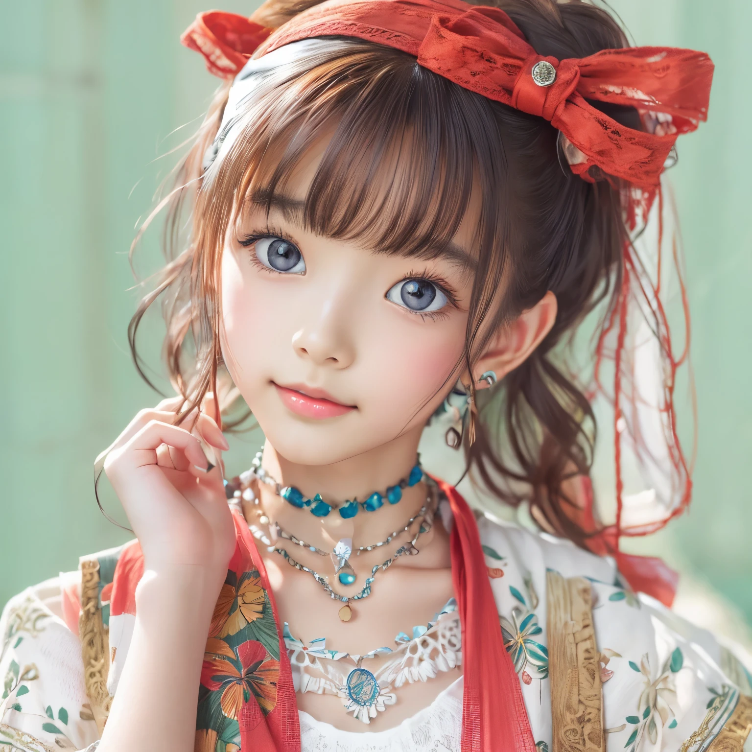 detailed face, cute face,brown eye, ((sfw: 1.4)), (sfw,She is wearing a long white embroidered skirt, a red blouse with lace, a white apron tied around her waist, blue socks, and brown leather shoes.A blue scarf is on her head. Yes, her accessories include necklaces, earrings, and bracelets. 1 Girl)), Ultra High Resolution, (Realistic: 1.4), RAW Photo, Best Quality, (Photorealistic Stick), Focus, Soft Light, ((15 years old)),  ((Japanese)), (( (young face))), (surface), (depth of field), masterpiece, (realistic), woman, bangs, ((1 girl))
