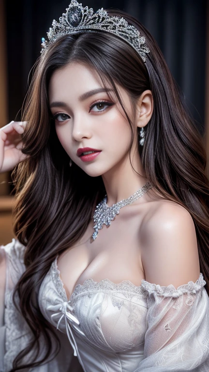 highest quality、masterpiece、8k、Award-winning works、Hyperrealism、Vampire Princess、恐ろしいVampire Princess、Natural forehead、spooky、White skin、Wicked Makeup、The most detailed and beautiful face、The relentless gaze、look at me、Long eyelashes、spookyなメイク、Black Lips、eye shadow、艶のあるBlack Lips、Top quality ultra HD skins、The most detailed eyes、(The most luxurious and highest quality giant tiara、The most luxurious and highest quality giant necklace、、The most luxurious and luxurious black princess dress)、Cleavage、Pitch black background 1.2、dark、Beautiful long wavy hair、Glossy hair、Intermediate photo 1.5、The light of God pours down、Lace fabric 1.5、透き通る様なLace fabric 1.5,Off the shoulder、