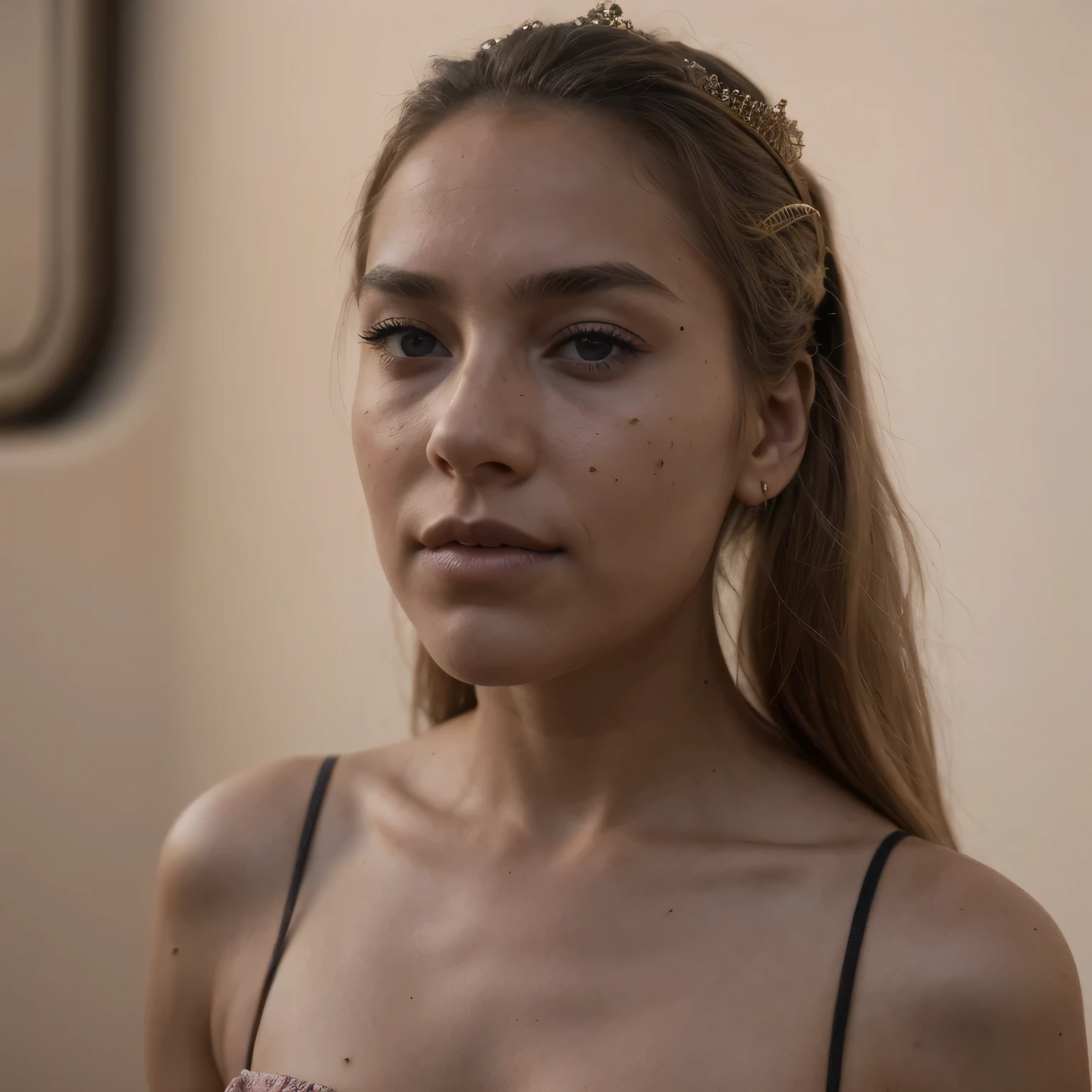 photo of a college student, in Desert Color Coarse Linen Pink,Desert Color Coarse Linen, (freckles:0.8) cute face, sci-fi, dystopian, detailed eyes, Heterochromia eyes（（Side view））（Dune 2）((a beautiful fantasy empress))