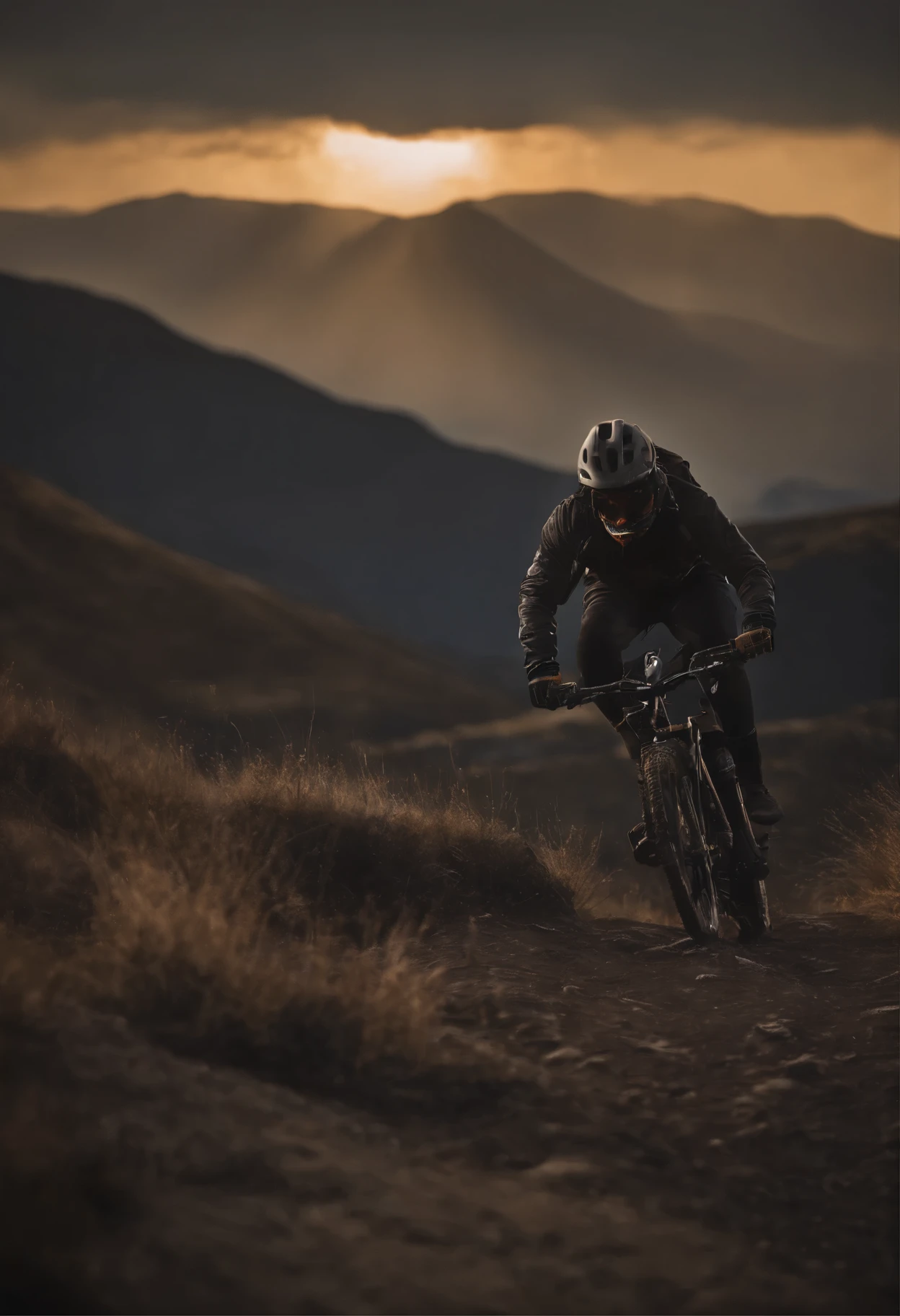 mountain biking logo, mountain in the background, lobo feroz na frente, metalico, oro y negro,