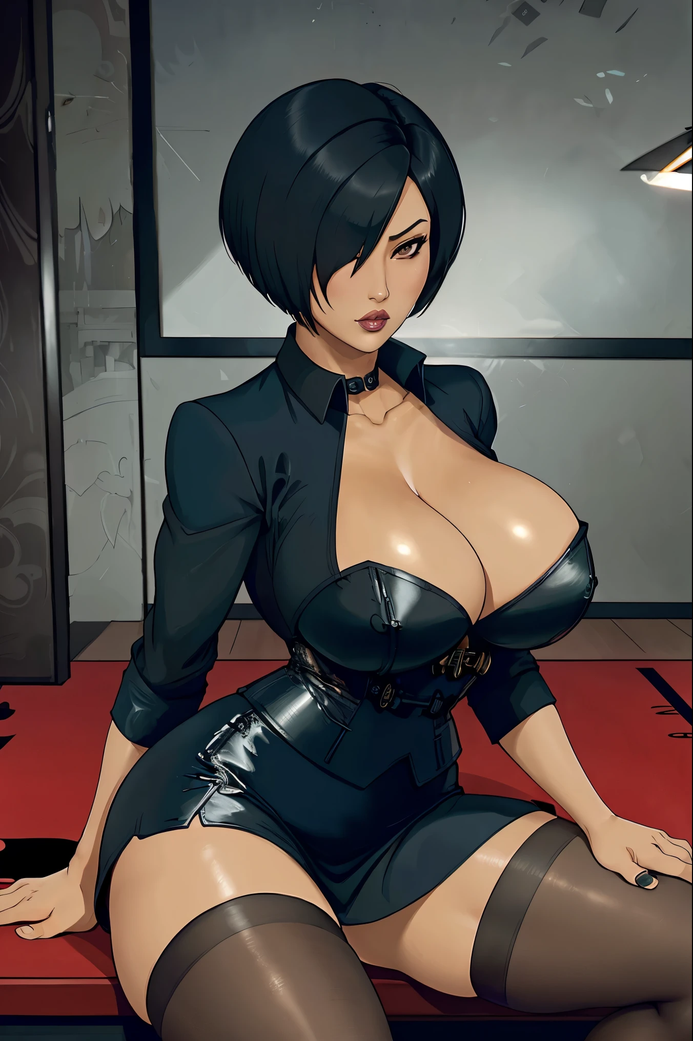 kiko, short hair, hair over one eye, asian, tanned skin, tanned, 35yo, mature woman, milf, serious, mad, dangerous, black female suit, cleavage, big breasts, suit skirt, nylon stockings, nylon thighighs, back heels, sit with elegance, in a diamond design casino