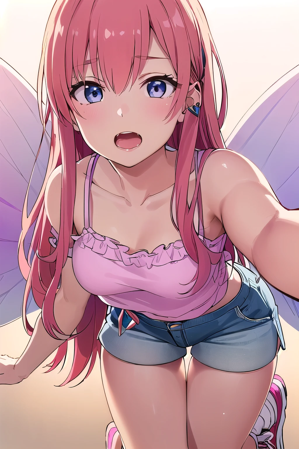 prompt: (8K, top-quality, masterpiece:1,2), (reallistic, Photorealsitic:1.37), Super Detail, One girl,), (Highly detailed), (beautifully detailed eyes), (of the highest quality), (super detailed ), (masterpiece), (Detailed face),20yr old, ,1 girl, ((pink hair,long hair)), medium breasts, clothed, Perfect Lighting, BREAK, (cute pokemon trainer:1.2), (sexy and cute:1.2), (pastel colors:1.2), (lavender:1.3), (sleeve frills:1.3), (silk camisole:1.4), (crop top:1.4), (ribbon embroidery:1.3), (high-waisted shorts:1.4), (leggy:1.4), (fantasy accessories:1.2), (fairy charms:1.2), (leaf embroidery:1.2), (knee-high socks:1.4), (pastel sneakers:1.5), (wing charms:1.3), (hair pins:1.3), BRAKE, (upper body to knees:1.3), (sexy expression:1.4), (ecstatic:1.4), (downcast eyes:1.3), (open mouth:1.3), (face forward:1.3), (tilt head:1.3), (sensual pose:1.4), (touching hair:1.3), (body twist:1.3), (fantasy background:1.4), (soft lighting:1.4), (highlight on hair:1.3), (highlight on skin:1.3)