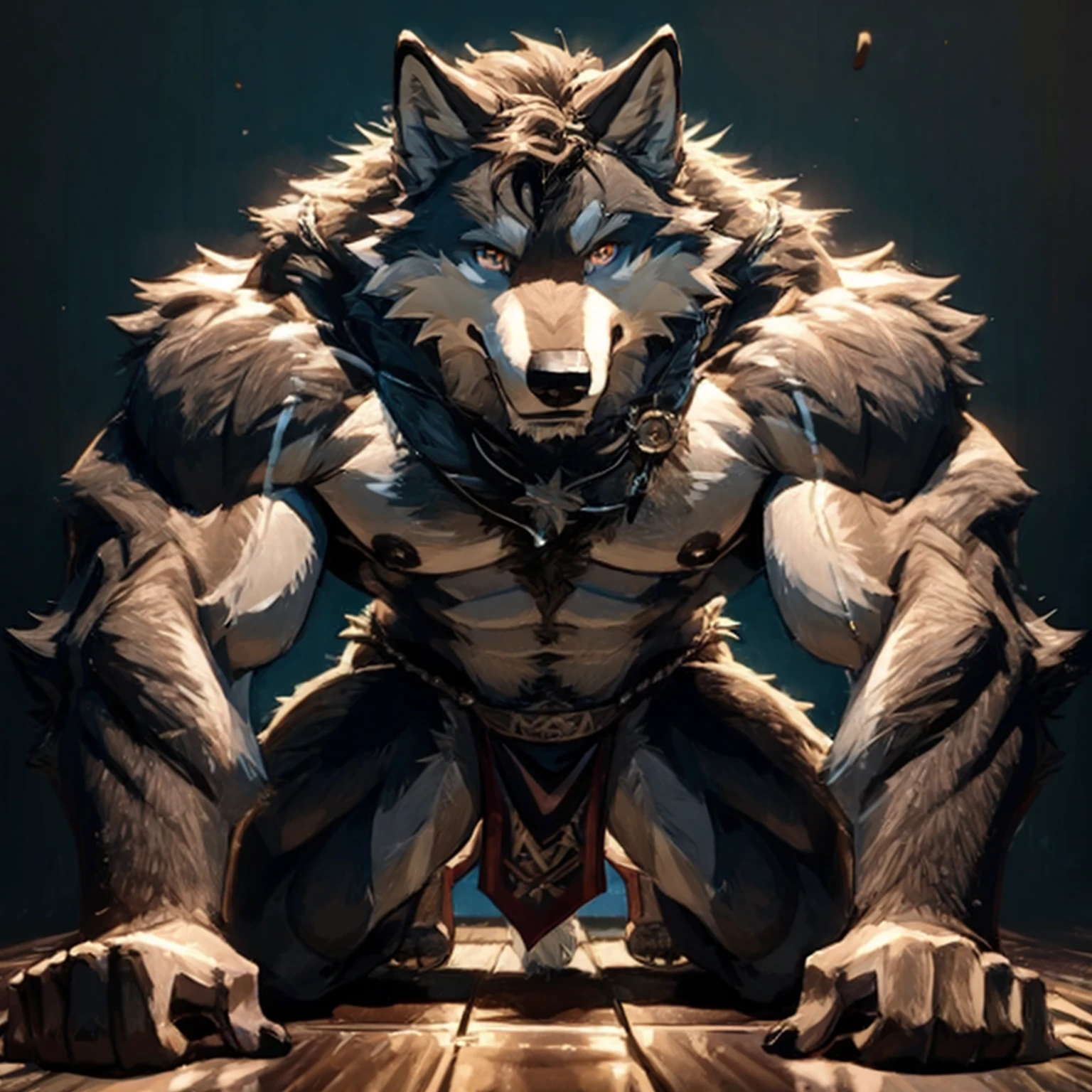 Fluffy brown wolf、Hugely bulging crotch loincloth、Beige loincloth、Huge muscles、Sideways Wolf、All fours pose、Kneeling on the ground pose、Composition looking up from below、Hairless head、Very long body hair、High quality wolf fur、Wild male wolf、Long brown hair all over the body、Fluffy body、Ruby-like eyes、Very long and profuse armpit hair、Very long chest hair、Black pubic hair、Wolf's Tail、Background of the prison、Bland basement background、Sharp toenails、A composition that captures the whole body、