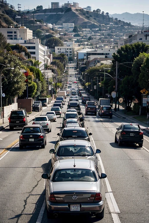 An traffic jam in Los Angeles traffic. Downtown Los Angeles. Luxury cara