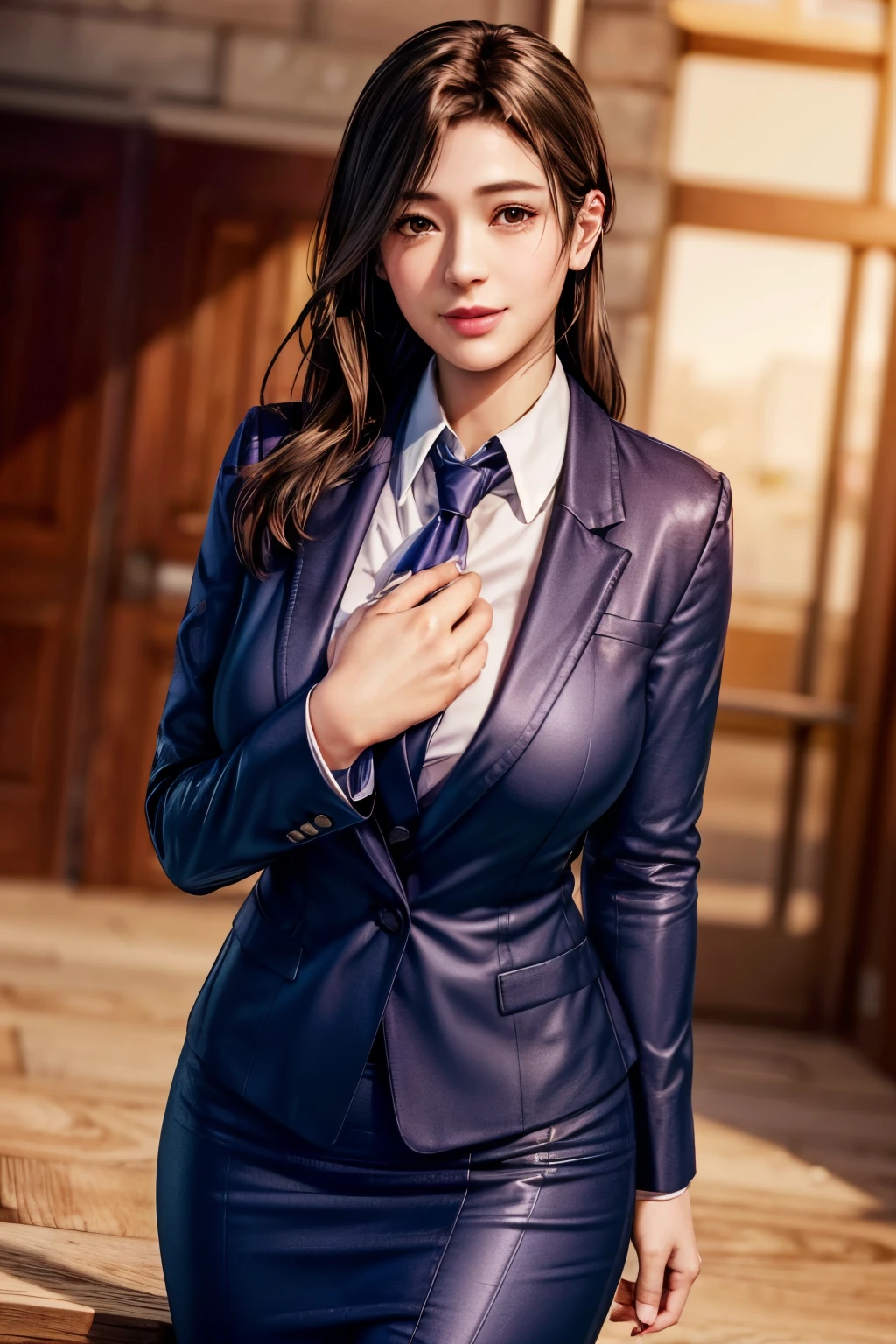 highest quality, Perfect Face, Complex, Beautiful views, Ultra-realistic 8K CG,Perfect artwork, 1 Female, Sayuri, Young face, round face, Droopy eyes, Wink, smile, Throw kiss, alone, Female teacher-like appearance, Dark blue business suit, Light brown tie, Long pencil skirt, alone, Side lighting, Shallow and sharp depth of field, Realistic