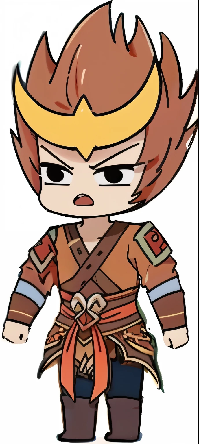 wz,chibi,brown hair,glows,black eyes,1boy,solo,white glows,blonde hair,open mouth,boots,male focus,blue sky,spiked hair,clenched hands,standing,sky,full body,chibi,day,outdoors,white background,simple background,