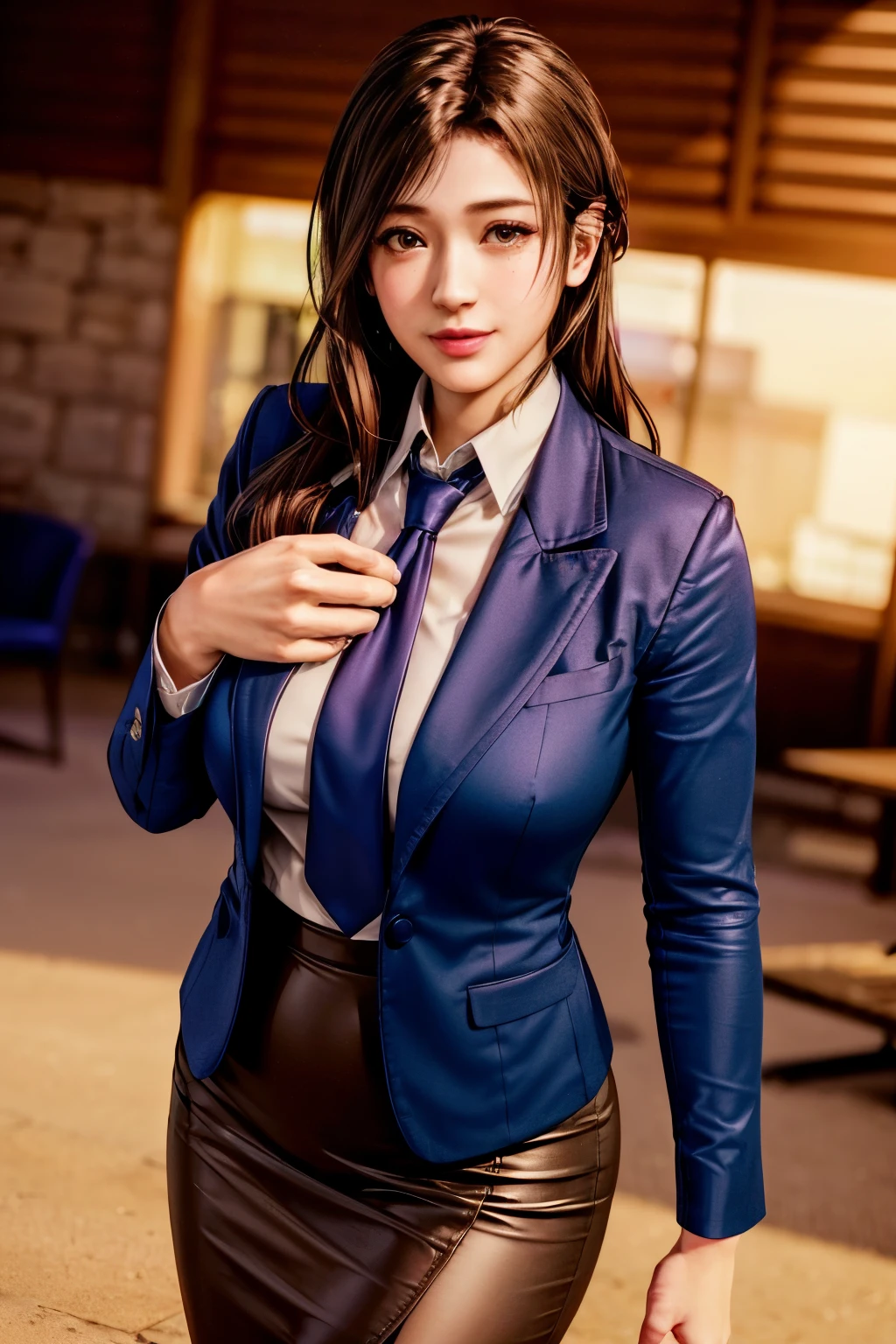 highest quality, Perfect Face, Complex, Beautiful views, Ultra-realistic 8K CG,Perfect artwork, 1 Female, Sayuri, Young face, round face, Droopy eyes, Wink, smile, Throw kiss, alone, Female teacher-like appearance, Dark blue business suit, Light brown tie, Long pencil skirt, alone, Side lighting, Shallow and sharp depth of field, Realistic