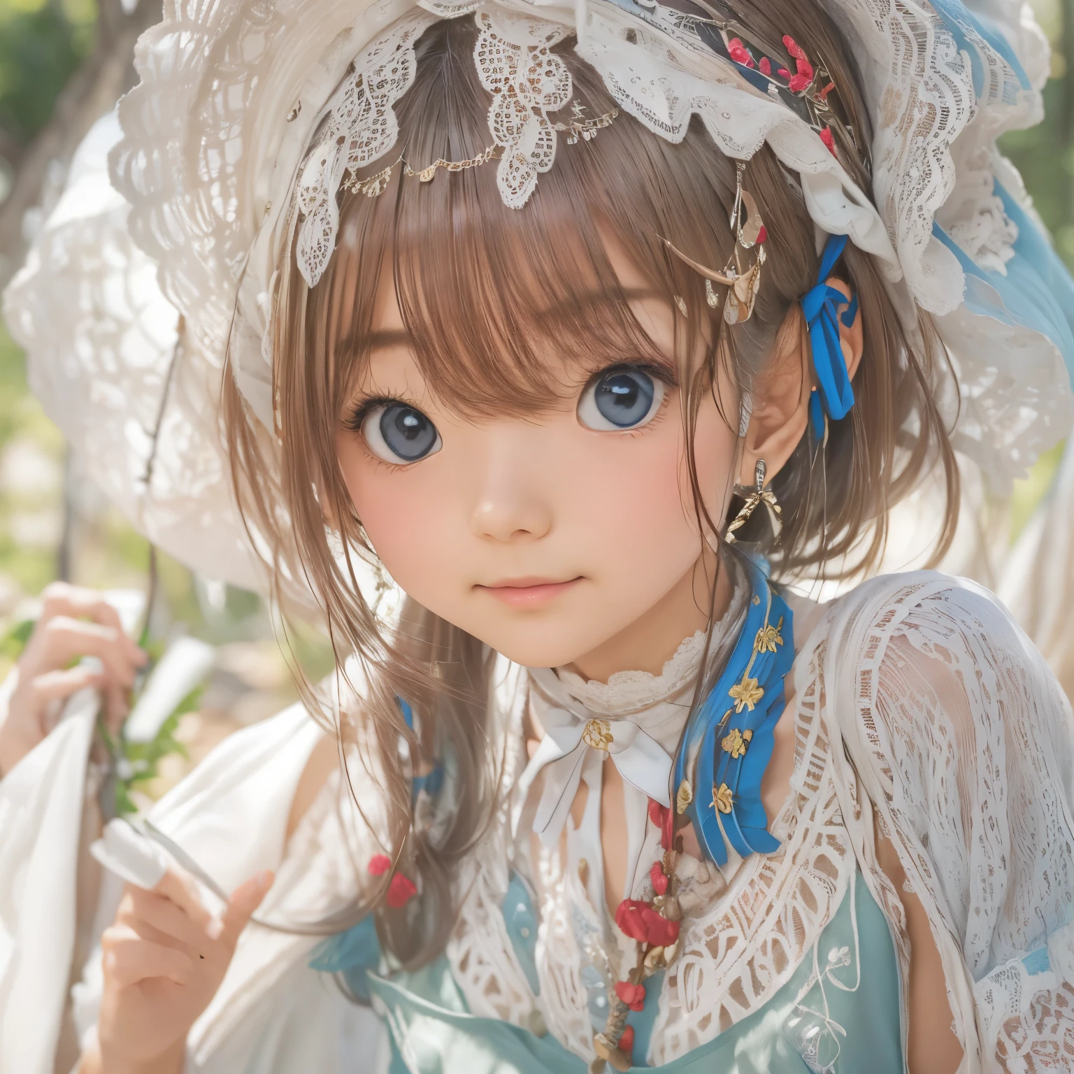 detailed face, cute face,brown eye, ((sfw: 1.4)), (sfw,She is wearing a long white embroidered skirt, a red blouse with lace, a white apron tied around her waist, blue socks, and brown leather shoes.A blue scarf is on her head. Yes, her accessories include necklaces, earrings, and bracelets. 1 Girl)), Ultra High Resolution, (Realistic: 1.4), RAW Photo, Best Quality, (Photorealistic Stick), Focus, Soft Light, ((15 years old)),  ((Japanese)), (( (young face))), (surface), (depth of field), masterpiece, (realistic), woman, bangs, ((1 girl))