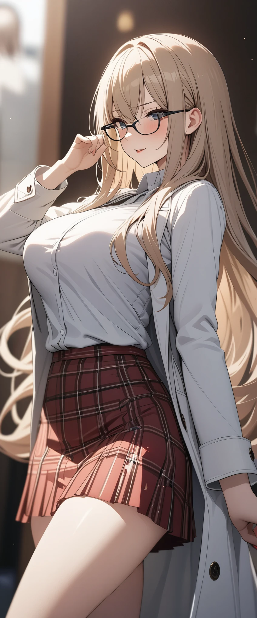 anime girl, long hair, busty, wearing eyeglasses, white coat, blood on skirt, flirty, HD, ultra detailed, Blurry Foreground, masterpiece , best quality