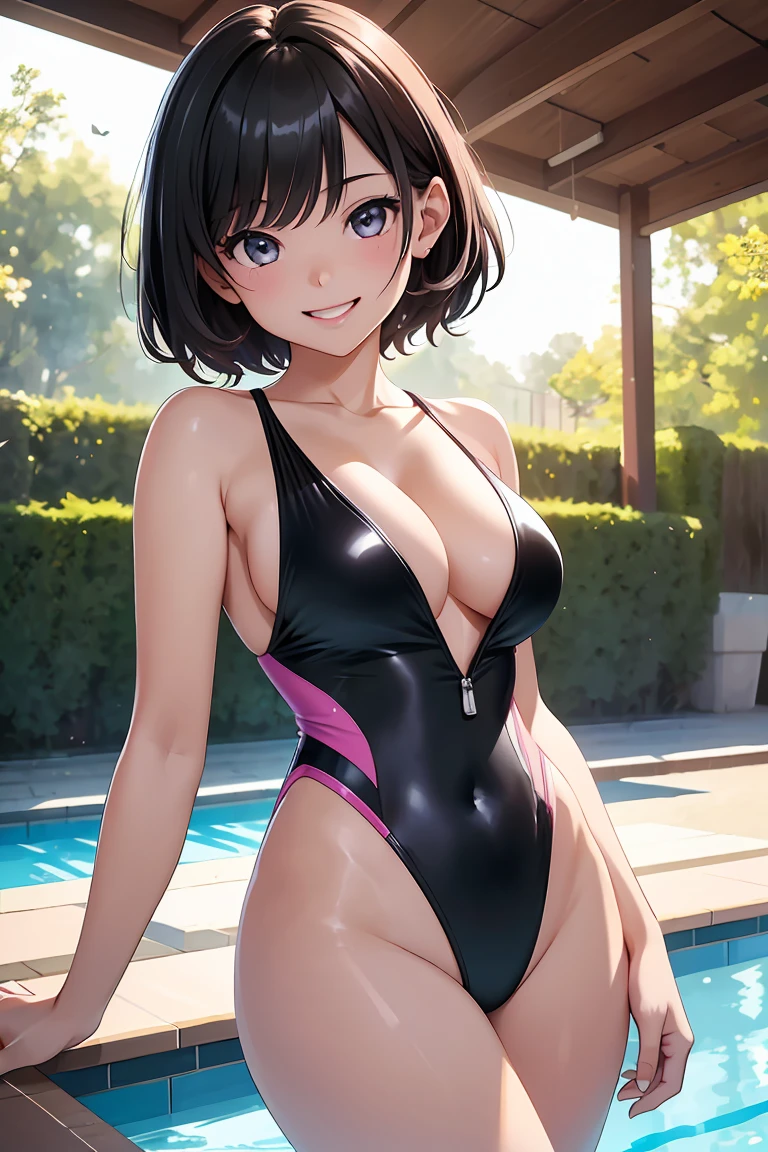 high resolution, extremely detailed CG, unity 8k wallpaper, super detailed skin, perfect anatomy, detailed, cinematic lighting, dynamic lighting, beautiful detailed eyes, looking straight:forward, Ultra HD、Best Quality、Top quality、Extremely detailed image quality、Realistic woman、One Woman、(A big smile、Laughing with your mouth open:1.2)、Japanese、Peaceful face、( girl:1.5)、belly button、Black Hair、Short Hair、Shiny skin、Glossy skin、High gloss skin、Composition from head to leg、(Incredibly big 、Cleavage:1.4)、(pink one-piece swimsuit:1.2)、Heated Pool、Indoor swimming pool、Walking、