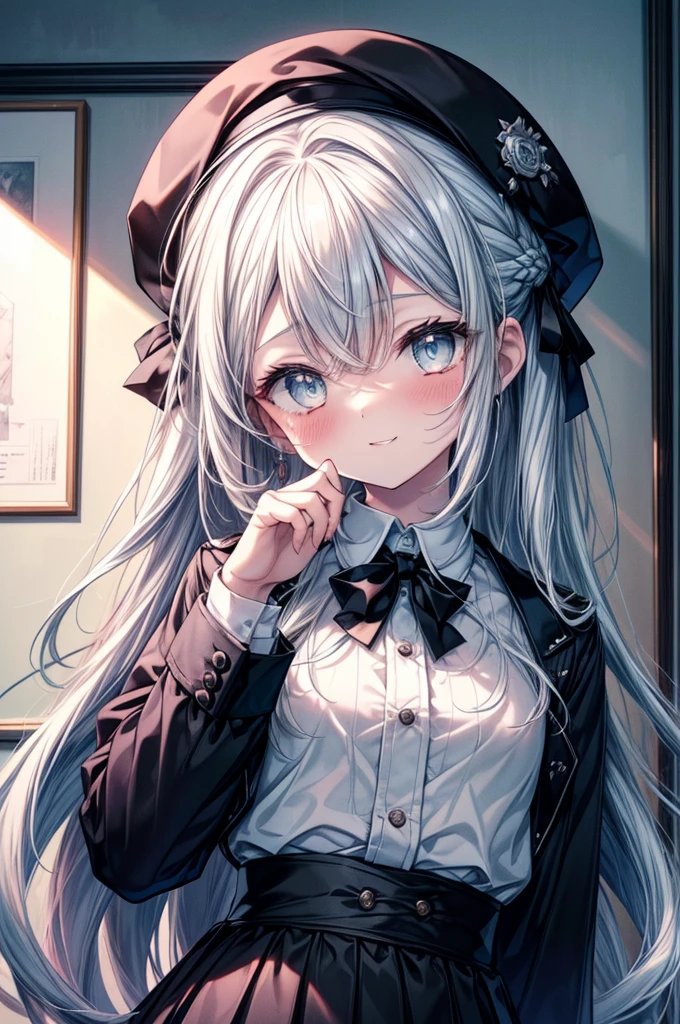 masterpiece, best quality, extremely detailed, (illustration, official art:1.1), 1 girl ,(((( light blue long hair)))), light blue hair, ,, long hair ((blush)) , cute face, big eyes, masterpiece, best quality,(((((a very delicate and beautiful girl))))),Amazing,beautiful detailed eyes,blunt bangs((((little delicate girl)))),tareme(true beautiful:1.2), young girl、smile, There are still traces of blood on the wall,spooky, dead eyes,A grinning man holding a bloody knife in one hand.,bloody beret,bloody,blood droplets,There was a lot of blood all over the room.,Spooky laughter, dead eyes,Psychopath horror,bloody clothes,blood drops,Spooky,Murder scene, serial killer, bathed in blood,Clothes with blood on them,black suit jacket with blood on it, bloody collared jacket,Bloodstained white dress shirt, shirt with blood on the collar, neckline, button, strap, ID card on neck, bloody black pencil skirt,bloody black pantyhose, looking at the viewer, holding a bloody knife grip,
break looking at viewer,
break indoors, office,
break (masterpiece:1.2), highest quality, High resolution, unity 8k wallpaper, (figure:0.8), (detailed and beautiful eyes:1.6), highly detailed face, perfect lighting, Very detailed CG, (perfect hands, perfect anatomy),
