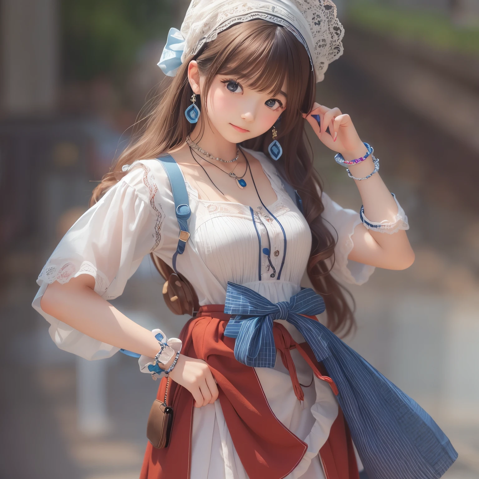 detailed face, cute face,brown eye, ((sfw: 1.4)), (sfw,She is wearing a long white embroidered skirt, a red blouse with lace, a white apron tied around her waist, blue socks, and brown leather shoes.A blue scarf is on her head. Yes, her accessories include necklaces, earrings, and bracelets. 1 Girl)), Ultra High Resolution, (Realistic: 1.4), RAW Photo, Best Quality, (Photorealistic Stick), Focus, Soft Light, ((15 years old)),  ((Japanese)), (( (young face))), (surface), (depth of field), masterpiece, (realistic), woman, bangs, ((1 girl))