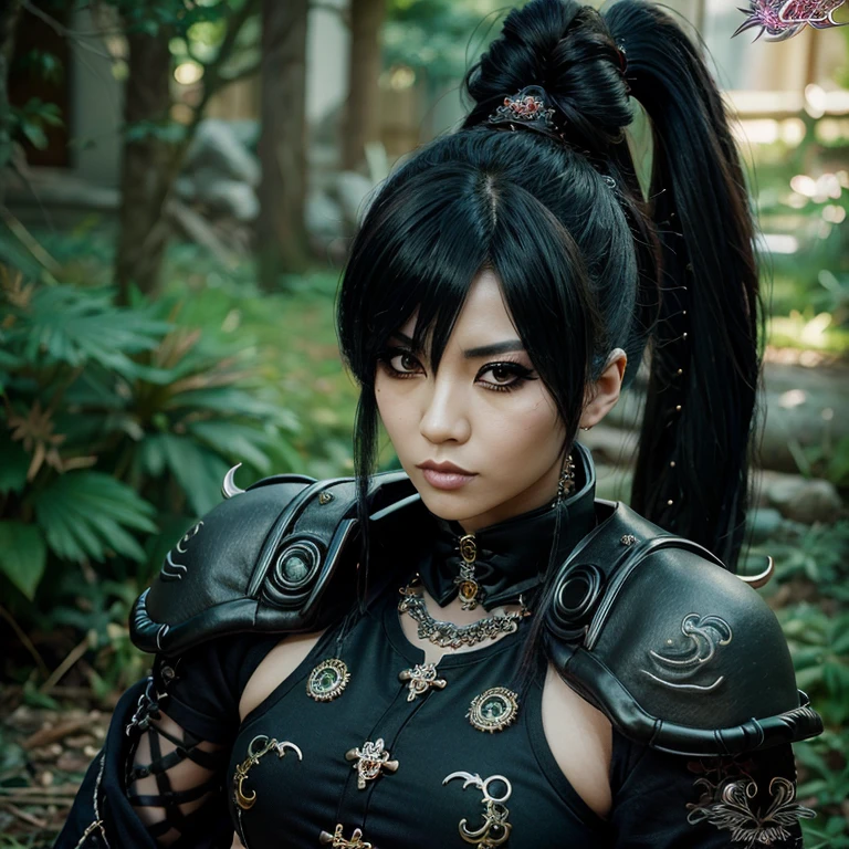 1 Japanese rocker, female, Asian eyes, dragon, hairstyle in Visual Kei style, hair Visual Kei, outfit rocker, ultra-detailed face and eyes, hyper-realistic, realistic representation, 30 years old, age 30 years, full body, black and blonde hair