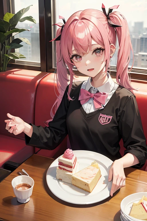 1girl,solo,pink hair and medium hair,twin tail,cute,,in cafeteria,sitting a sofa,a lot of cake on the table,eating