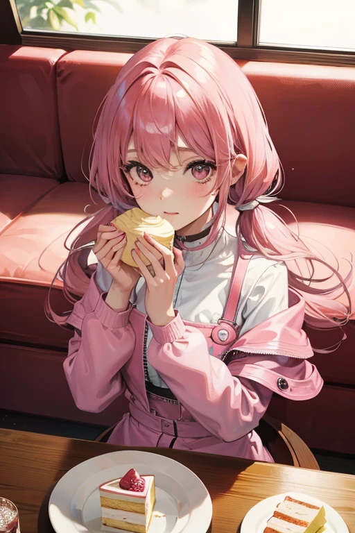 1girl,solo,pink hair and medium hair,twin tail,cute,,in cafeteria,sitting a sofa,a lot of cake on the table,eating