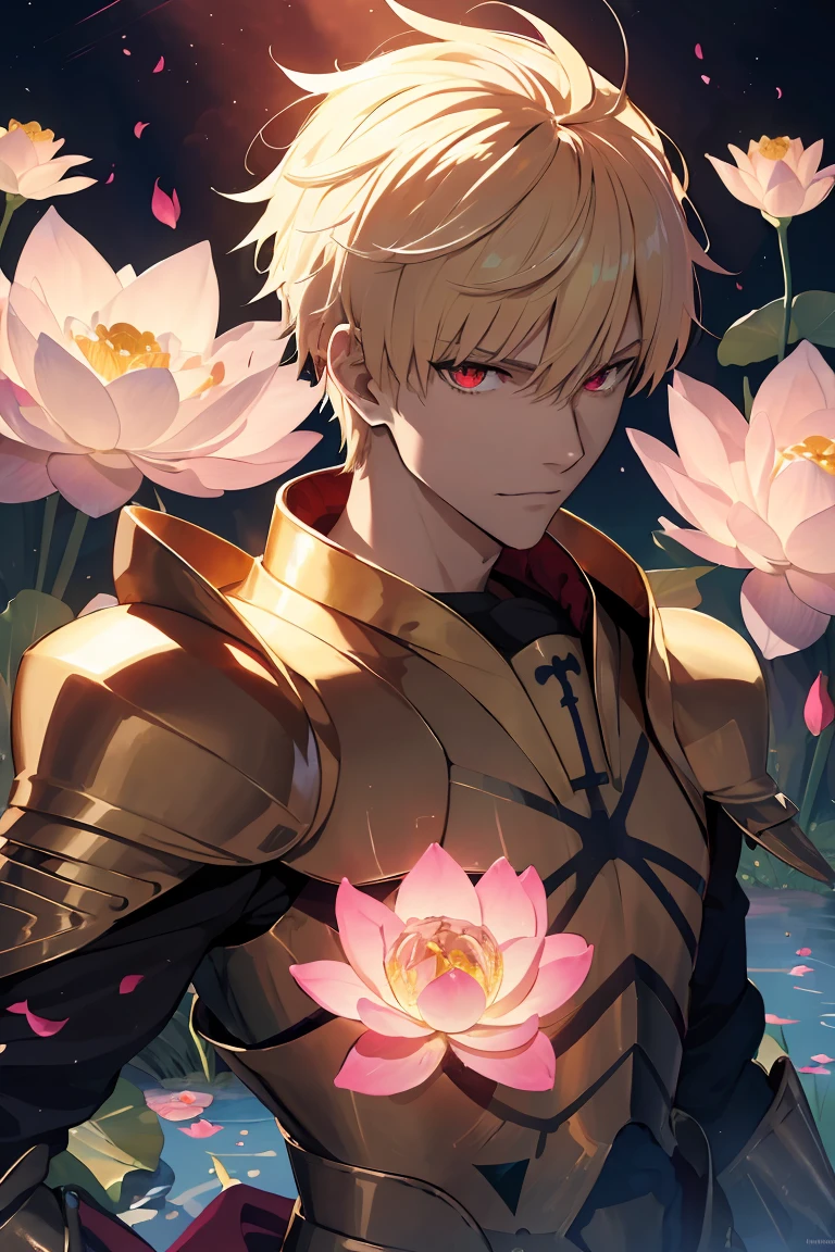 fate grand order (absurdres, highres, ultra detailed, HDR), masterpiece, best quality, Gilgamesh, 1man, solo, handsome, short hair, blonde hair, vibrant red eyes, finely eye and detailed face, topless, gold armor, tattoo, water, pink lotus, petals 