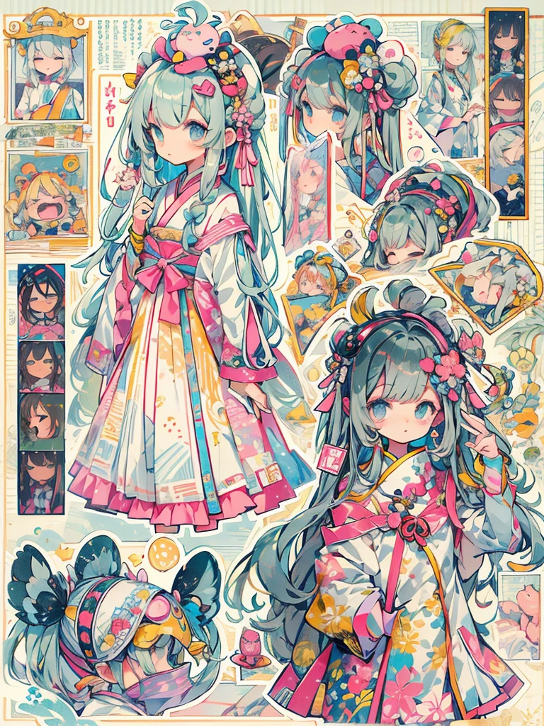 "Kawaii, 可爱of, 可愛of粉紅色女孩, of, 和淡蓝色of配色方案. 她穿著帶有雲彩和天空圖案of天空主題服裝. 她of衣服蓬松柔软, Comes with hair clips and other decorative accessories. There are many stickers on the wall.