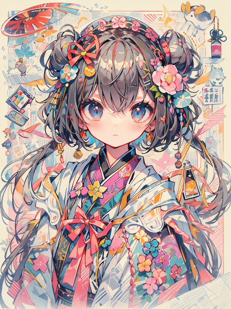 "Kawaii, 可爱of, 可愛of粉紅色女孩, of, 和淡蓝色of配色方案. 她穿著帶有雲彩和天空圖案of天空主題服裝. 她of衣服蓬松柔软, Comes with hair clips and other decorative accessories. There are many stickers on the wall.