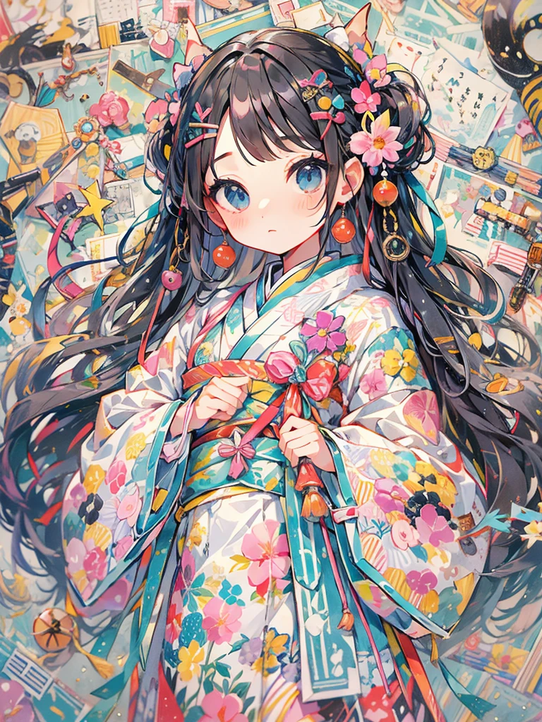 "Kawaii, 可爱of, 可愛of粉紅色女孩, of, 和淡蓝色of配色方案. 她穿著帶有雲彩和天空圖案of天空主題服裝. 她of衣服蓬松柔软, Comes with hair clips and other decorative accessories. There are many stickers on the wall.