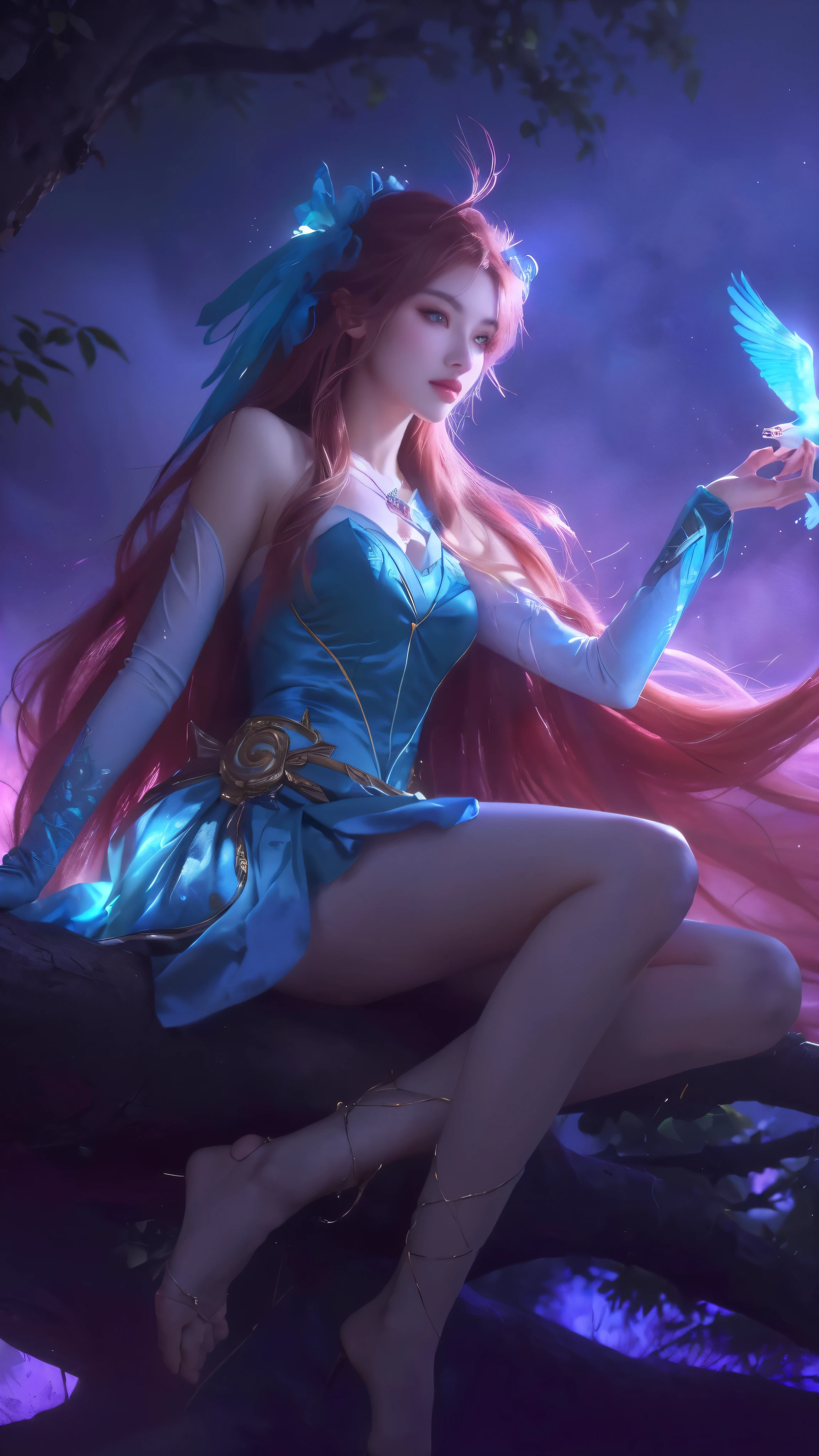 "(best quality,4k,8k,highres,masterpiece:1.2),ultra-detailed,(realistic,photorealistic,photo-realistic:1.37),a girl sitting on a tree branch,beautiful detailed eyes,beautiful detailed lips,extremely detailed eyes and face,longeyelashes,artgerm style,detailed artgerm,artgerm lau,artgerm,fantasy art style,bird in her hand,vibrant colors,soft lighting,ethereal atmosphere"