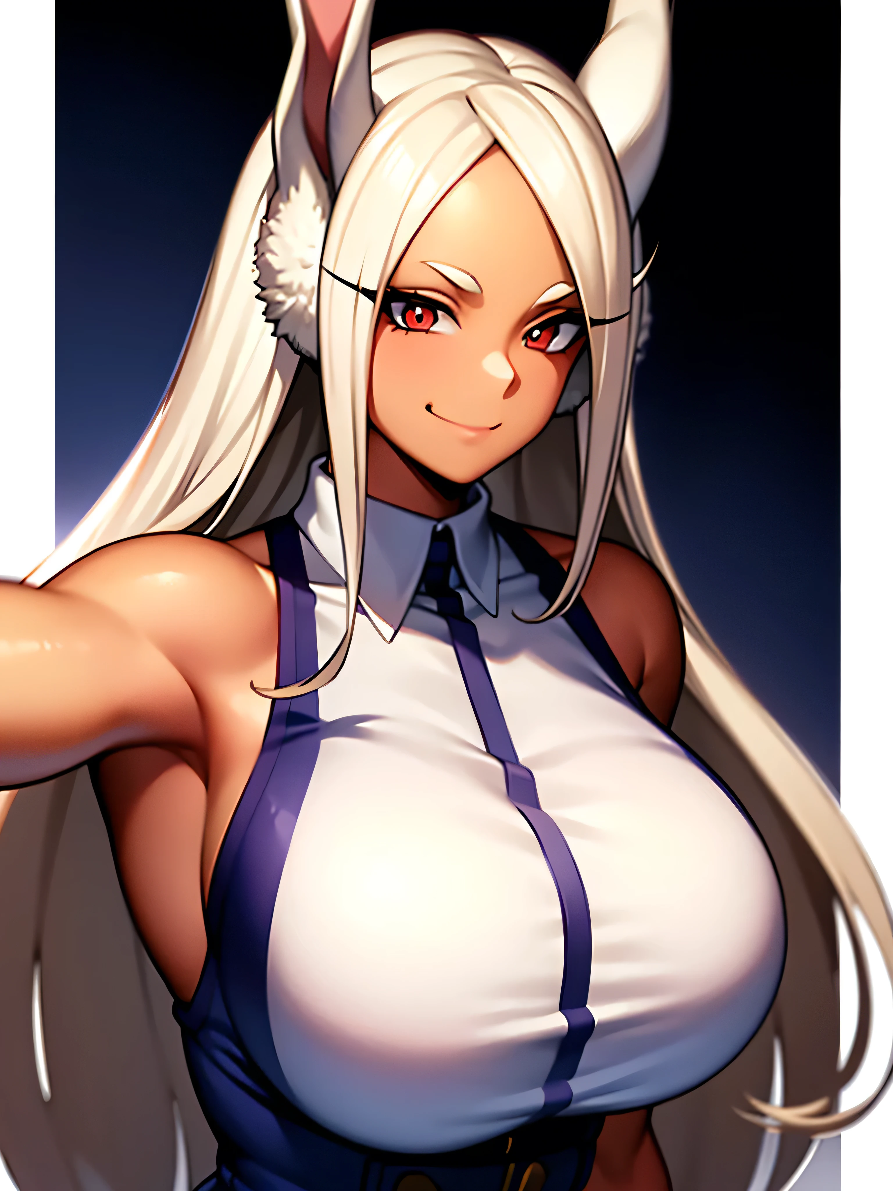 mirko mha, 1girl,solo,dark-skinned female, dark skin, large breasts, white shirt,looking at viewer, white background, rabbit ears, rabbit girl, white hair, long hair, red eyes, smile, happy, curved, muito gorda, quadris largos, Enorme, coxas grossas e macias, muito gordo flabby arms, Realistic lighting, alto detalhe, Qualidade HD , rosto detalhado, sombreamento realista, rolos de gordura, tamanho enorme, gigantic Enorme breasts overflowing with fat, decote enorme, pesado, mais tamanho, everything is fat, Textura macia, lindos olhos grandes, Semi-realista, dynamic angle, pattern clothes, bbw, ssbbw, pernas gordas, peitos enormes