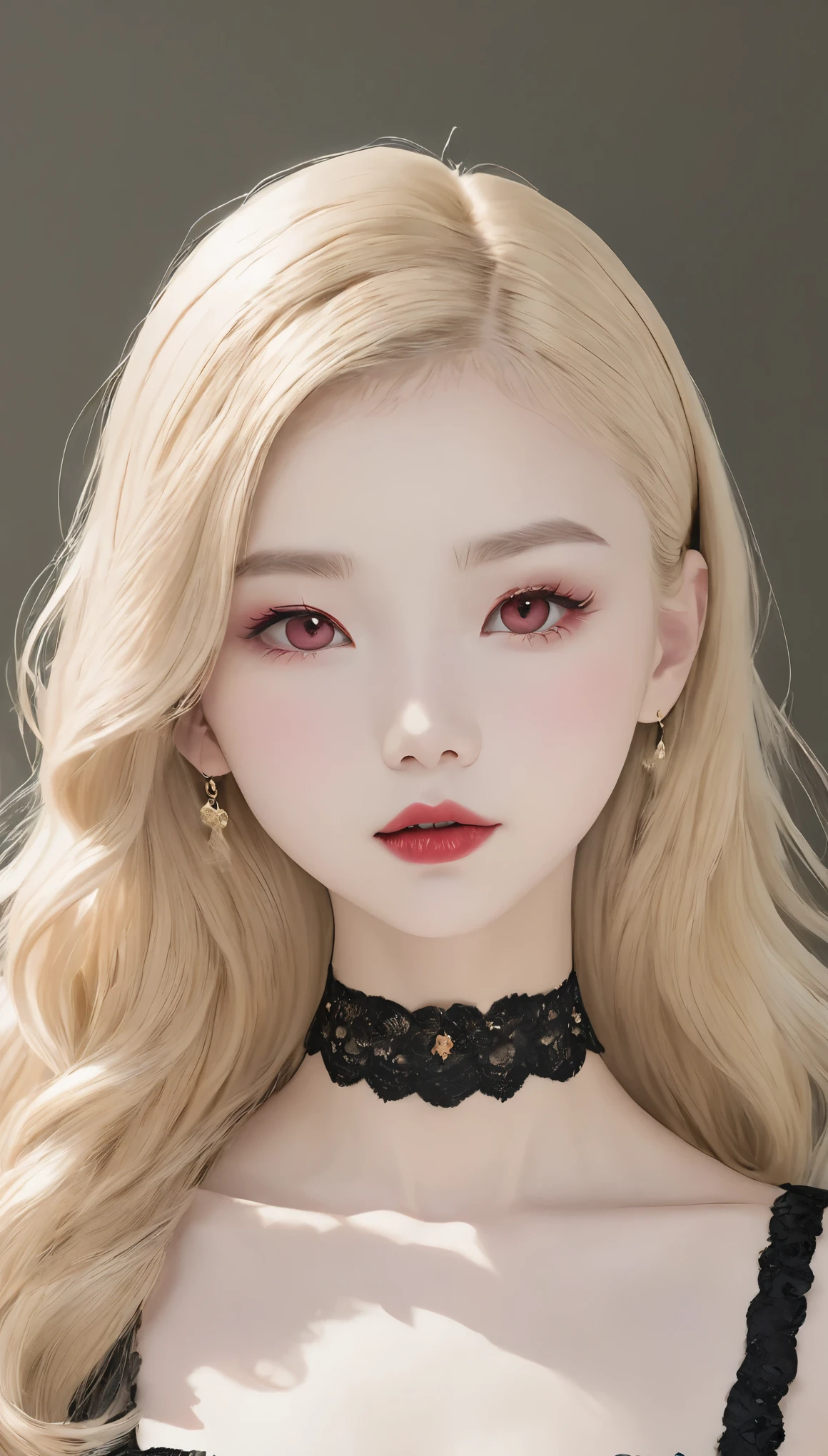One Girl:1.5、Cute baby face、１４Year、Perfect Anatomy、Red Eyeshadow、Red lipstick、Slightly pink cheeks、White skin、Ash Blonde、Black Dress、eight-headed body、、Unique Hairstyles、choker、highest quality、Ultra-detailed、High quality details、Portrait、Masseter muscle area