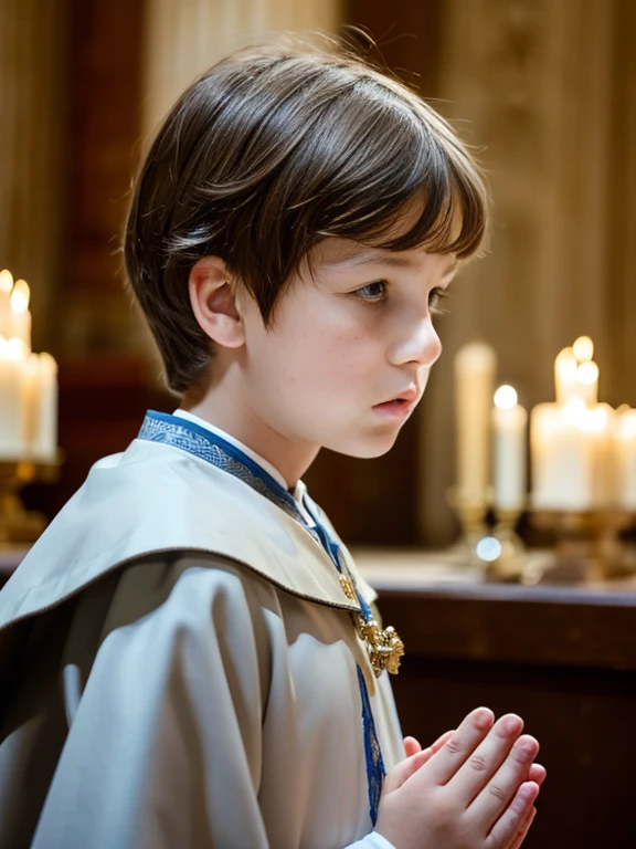 A 10-year-old boy with light brown hair, white skin, blue eyes, fine European features, a sad melancholic look., inside a Roman Catholic temple praying the rosary in front of the altar