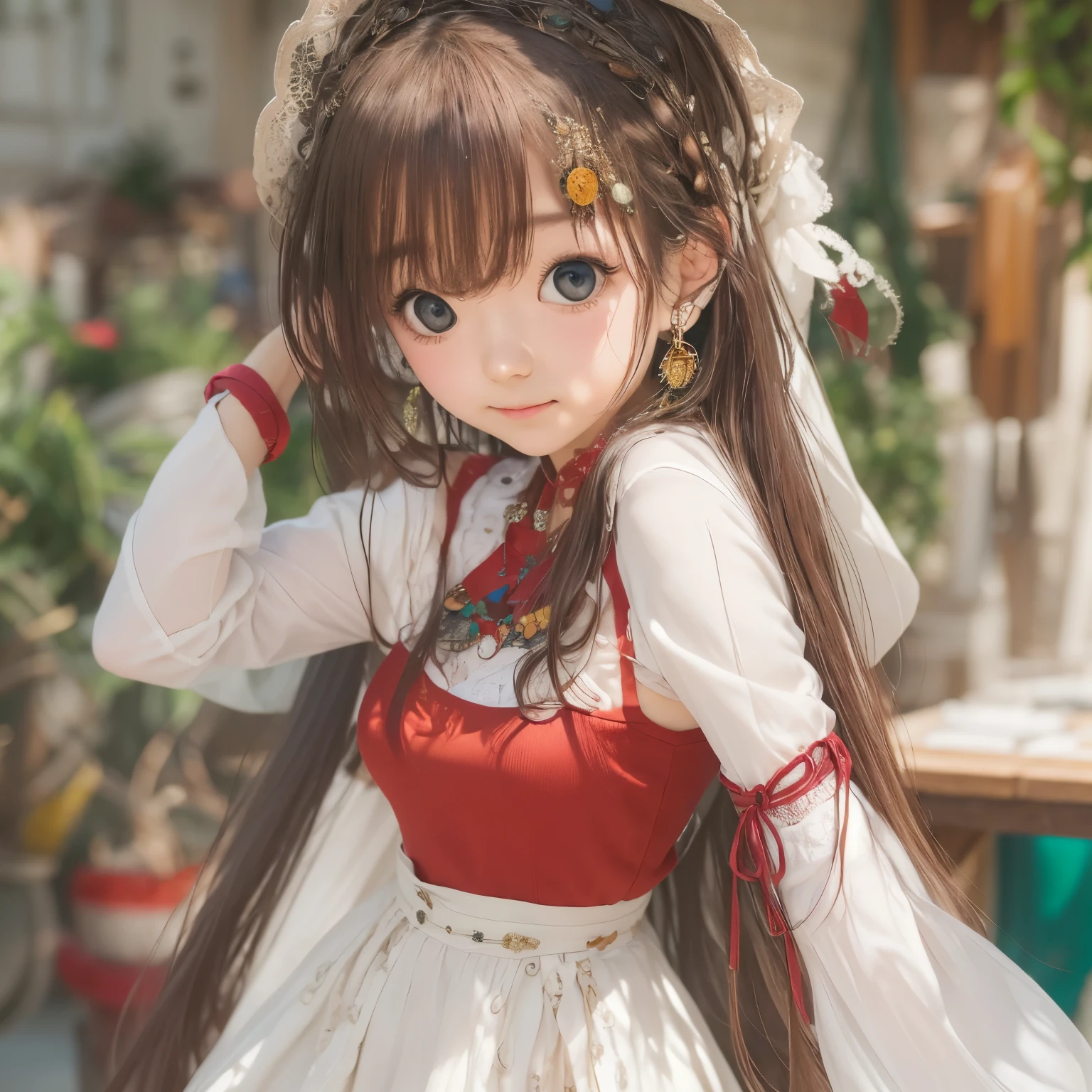 detailed face, cute face,brown eye, ((sfw: 1.4)), (sfw,She is wearing a long white embroidered skirt, a red blouse with lace, a white apron tied around her waist, blue socks, and brown leather shoes.A blue scarf is on her head. Yes, her accessories include necklaces, earrings, and bracelets. 1 Girl)), Ultra High Resolution, (Realistic: 1.4), RAW Photo, Best Quality, (Photorealistic Stick), Focus, Soft Light, ((15 years old)),  ((Japanese)), (( (young face))), (surface), (depth of field), masterpiece, (realistic), woman, bangs, ((1 girl))