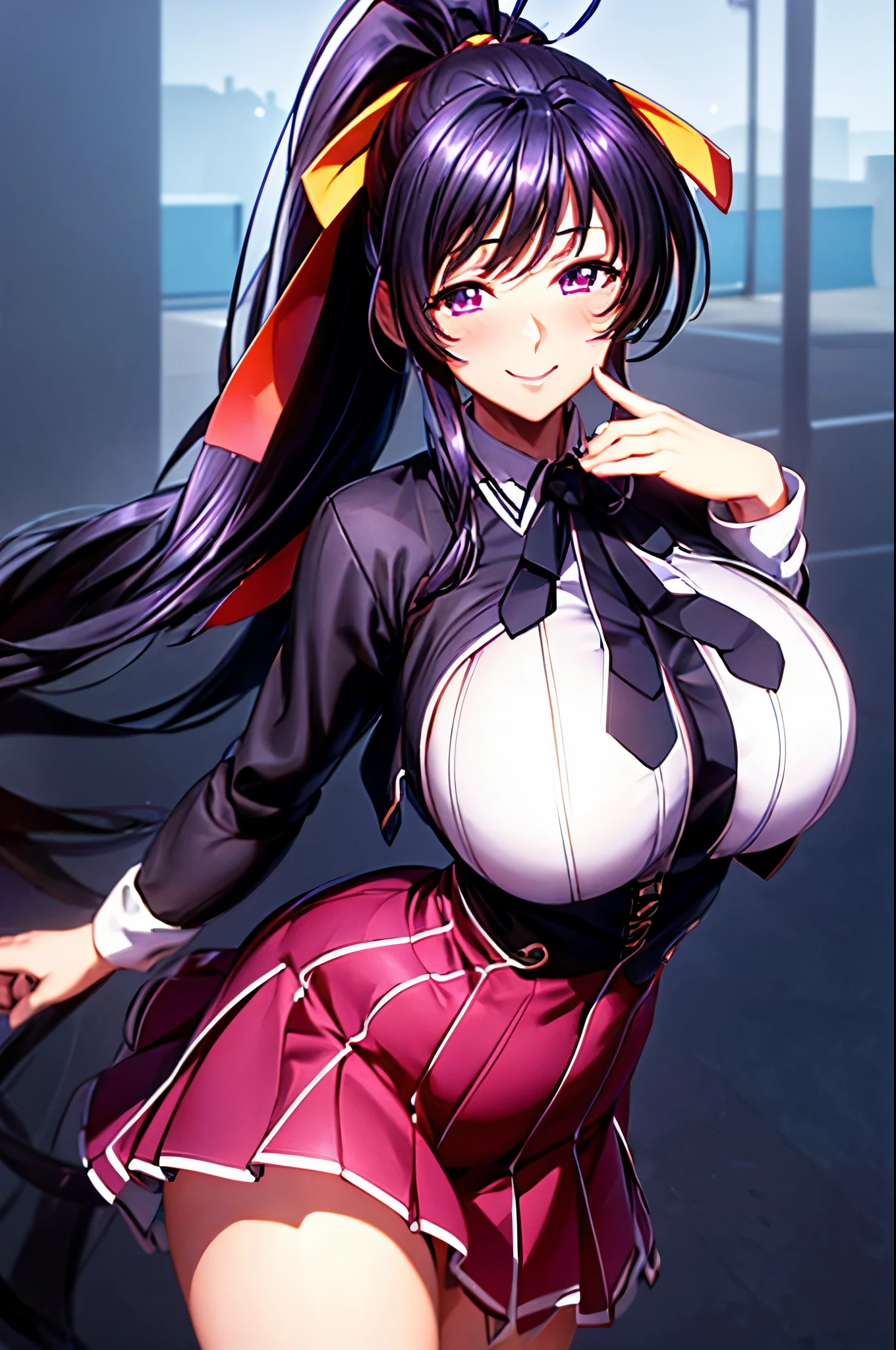 best quality, masterpiece, 1girl, (solo:1.1), raytracing, ultra detailed,detailed face, 8k wallpaper, wide hips, smile, HimejimaAkenoNDV, 1girl, black hair, large breasts, very long hair, purple eyes, red skirt, , shirt, corset, ponytail, hair ribbon, ribbon, outdoor, 