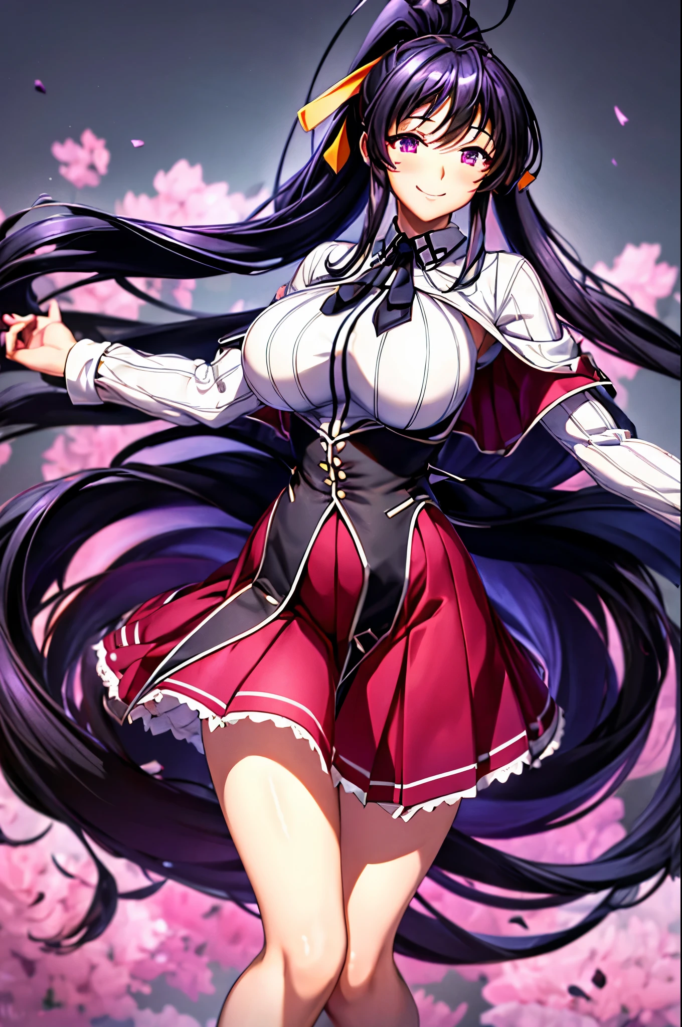 best quality, masterpiece, 1girl, (solo:1.1), raytracing, ultra detailed,detailed face, 8k wallpaper, wide hips, smile, HimejimaAkenoNDV, 1girl, black hair, large breasts, very long hair, purple eyes, red skirt, , shirt, corset, ponytail, hair ribbon, ribbon, outdoor, 