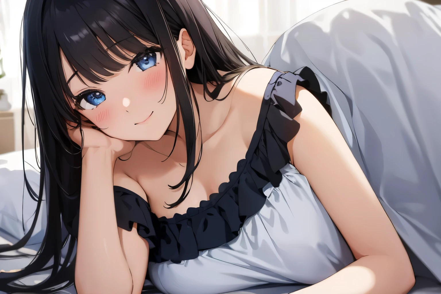 Masterpiece、highest quality、1 female、Super detailed Black Hair、bangs Blue Eyes、Detailed depiction of the eyes Smiling、blush camisole Face is close、Facial Close-up、Bring your face closer Sheetsに肘をつく、Bend your elbows to the side、Spread your shoulders、Put one palm towards you、Raise one arm Sheets