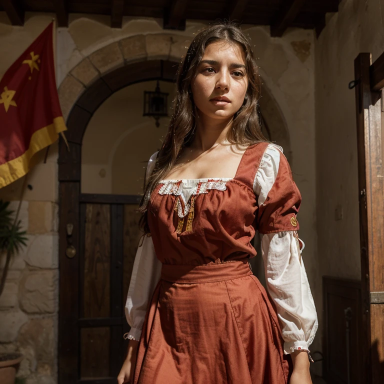 Ultra Realistic photo of a Spanish girl isabella, 12 years old, who dreams about her future in spain and at the same time fear and sadness, wearing a traditional flamenco dress , full body view in old Spanish ranch , Spanish flags in background, rapier in right hand, national symbol badge on red blouse.