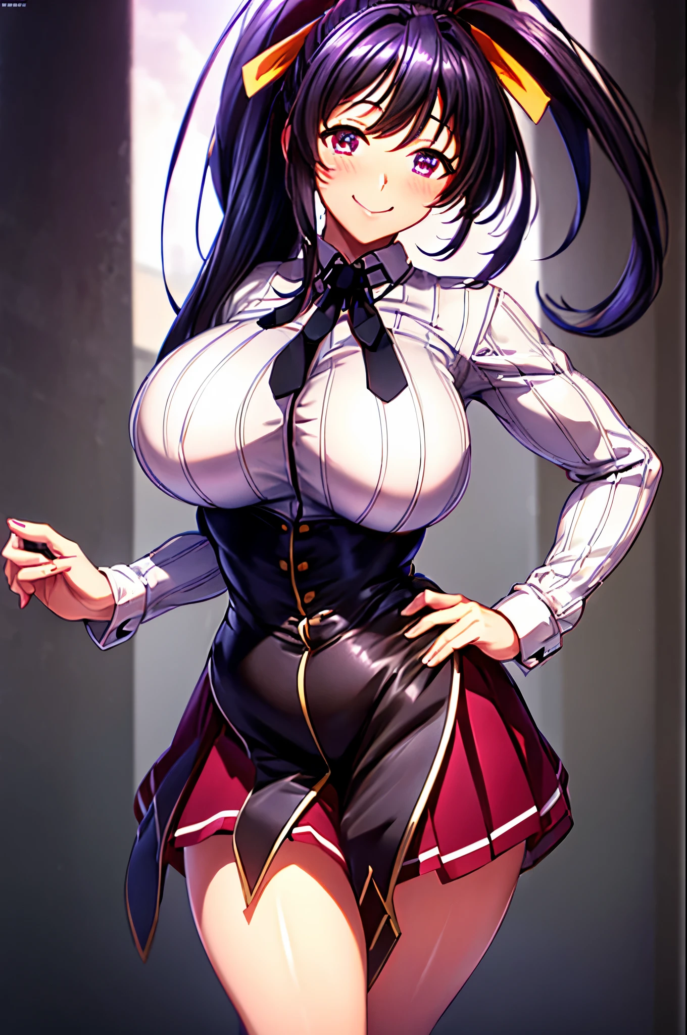 best quality, masterpiece, 1girl, (solo:1.1), raytracing, ultra detailed,detailed face, 8k wallpaper, wide hips, smile, HimejimaAkenoNDV, 1girl, black hair, large breasts, very long hair, purple eyes, red skirt, , shirt, corset, ponytail, hair ribbon, ribbon, outdoor, 