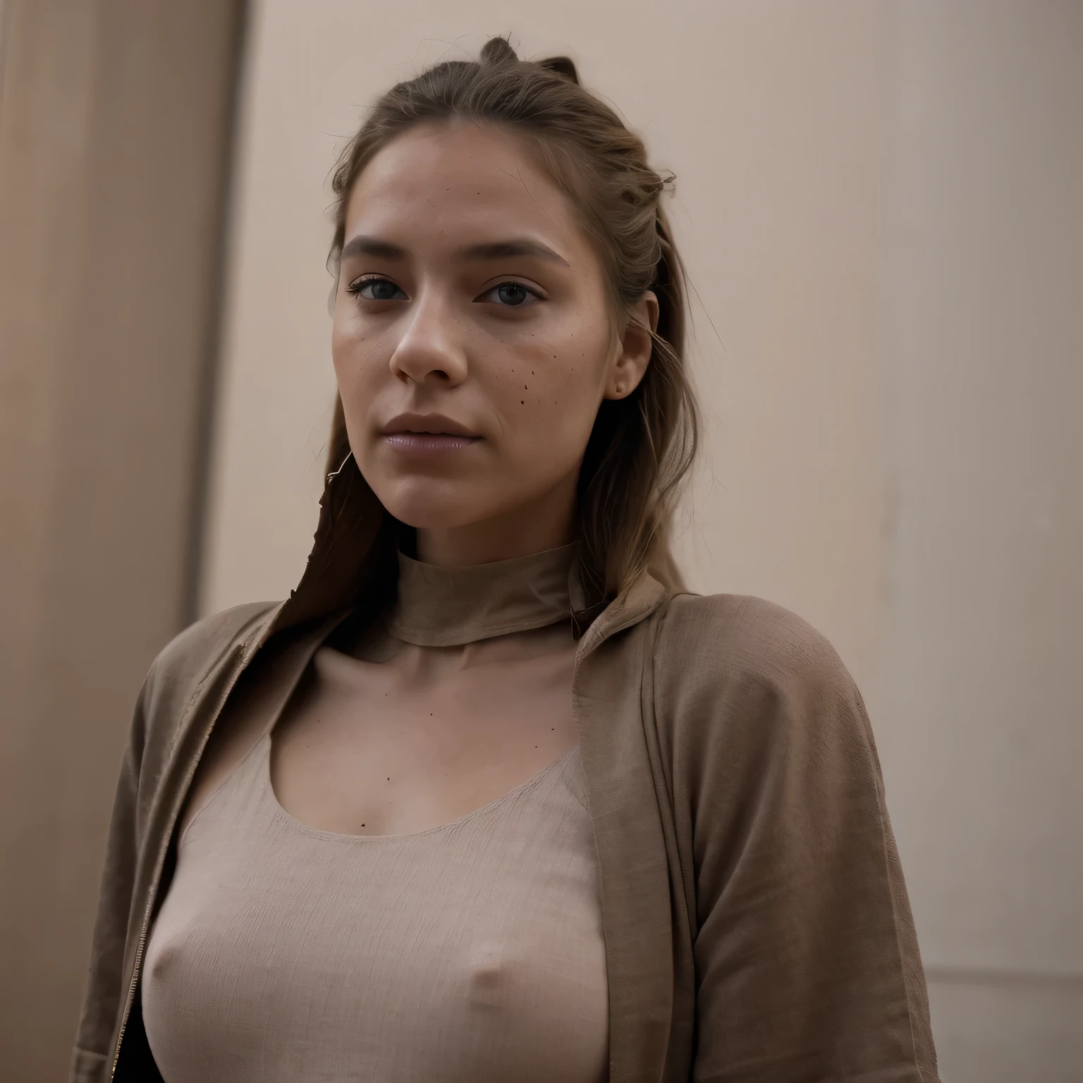 photo of a college student, in Desert Color Coarse Linen Pink,Desert Color Coarse Linen, (freckles:0.8) cute face, sci-fi, dystopian, detailed eyes, Heterochromia eyes((Side view))(Dune 2)((a beautiful fantasy empress))