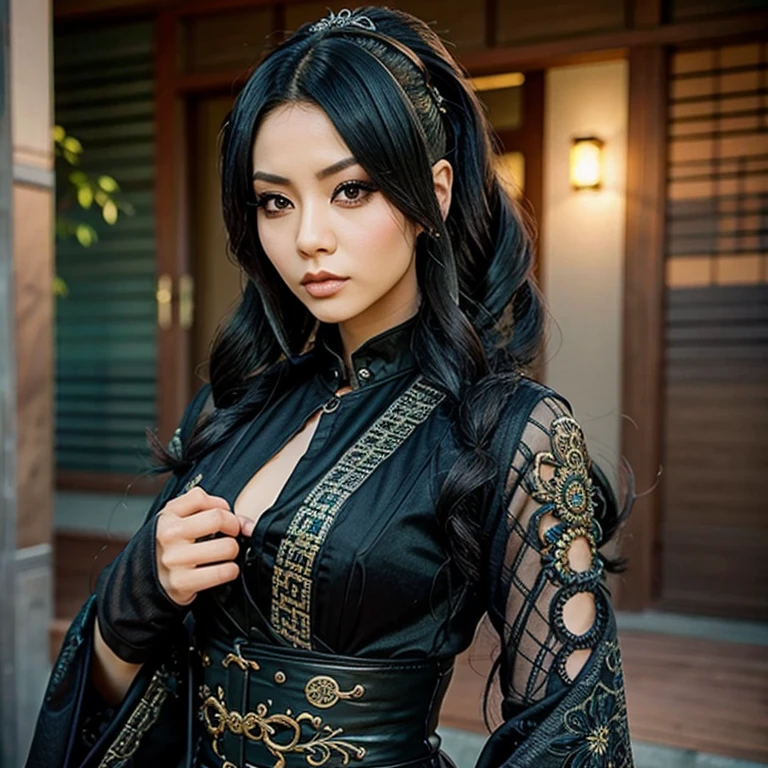 1 Japanese rocker, female, Asian eyes, dragon, hairstyle in Visual Kei style, hair Visual Kei, outfit rocker, ultra-detailed face and eyes, hyper-realistic, realistic representation, 30 years old, age 30 years, full body, black and blonde hair