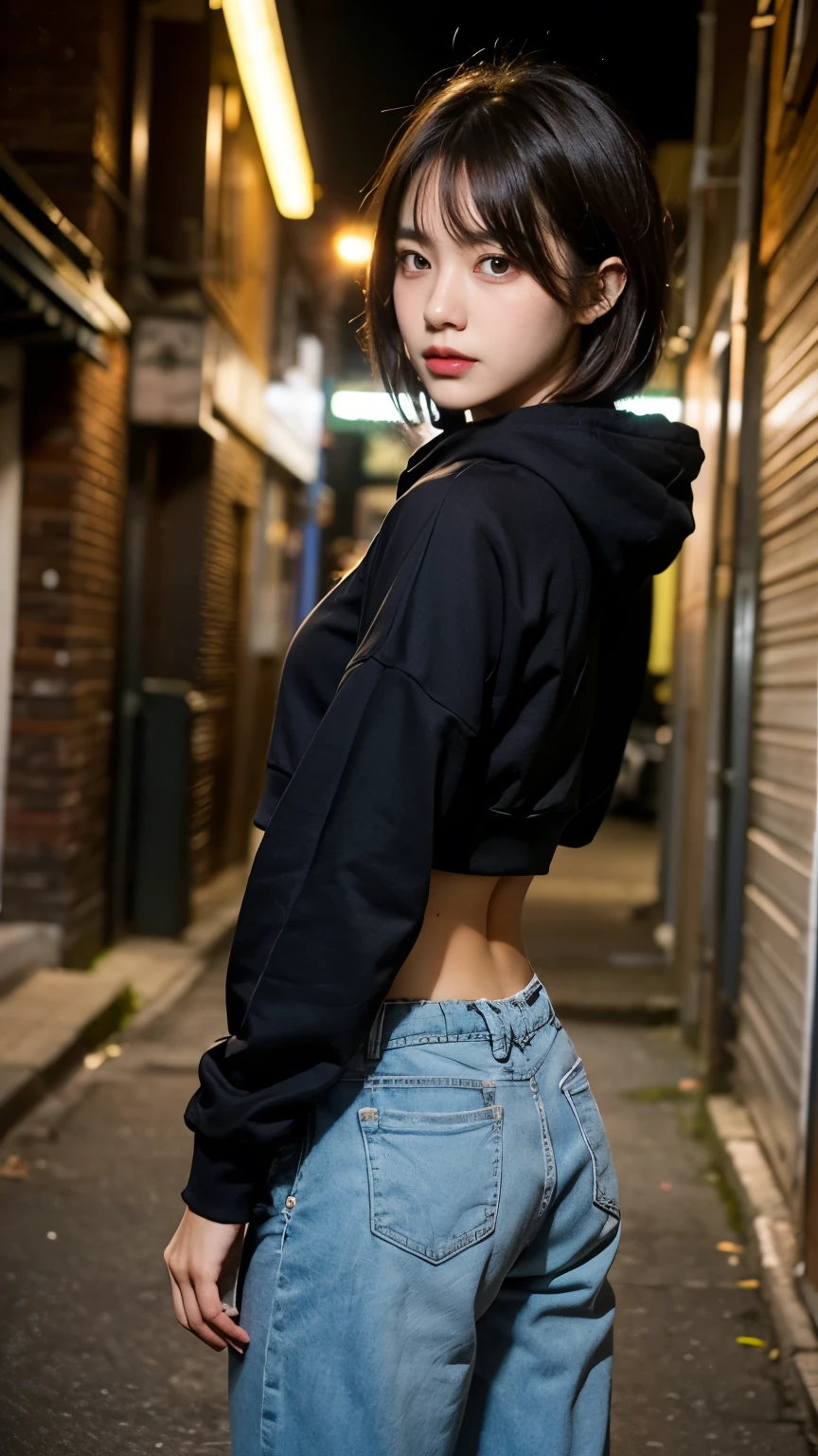 18-year-old,Korean women,holding a small brown glass bottle,(((Neon city back alley at night))),(((Frowning,カメラをGlare))),(Very beautiful eyes), (((Wearing a long blacけ hoodie,Wear baggy pants))),((photograph)),,(((Fabric Shading))), (((highest quality))), (((masterpiece))) strong girl, ((((Realistic)))), I have a card,Black Hair, chic hairstyle, ((With bangs,Straight medium bob cut, Nice hair)), Light makeup,Red eyes, (((I&#39;m not wearing lipstick))), (Nice, strong), (((strong夜の雰囲気))), Centered Images, Looking at the camera, Elegant colors,Realistic Sけin,Realistic texture,8k,whole body,Pale skin, (Red Iris,Expressionless,Glare,Perfect Face,(((Big eyes))),She is wearing wide black baggy pants,Mouth closed, portrait of aespaのウィンター,She is wearing black streetwear, Woman in blacけ streetwear, 黒いハイテクな服を着た女性のphotograph, Girl wearing black hoodie, Cyberpunke Streetwear, Cyberpunk Streetwear street fashion e-girl,