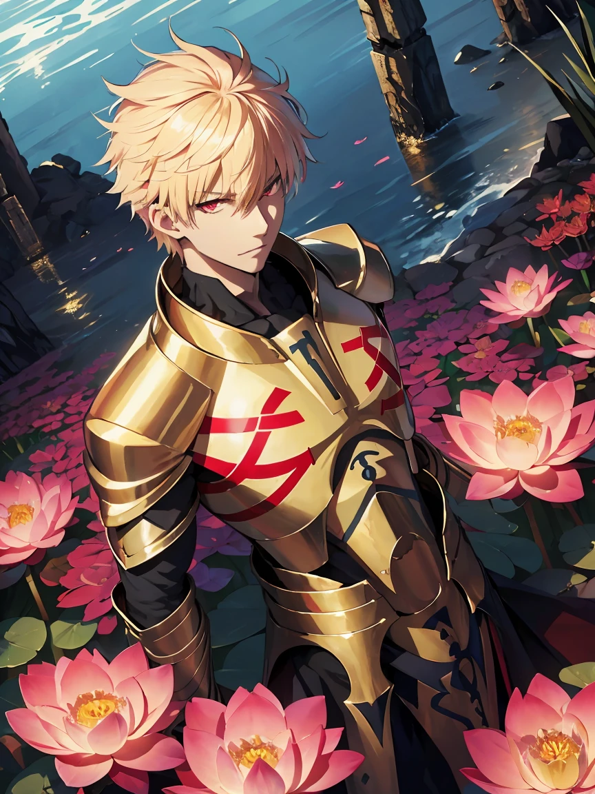 fate grand order (absurdres, highres, ultra detailed, HDR), masterpiece, best quality, Gilgamesh, 1man, solo, handsome, short hair, blonde hair, vibrant red eyes, finely eye and detailed face, topless, gold armor, tattoo, water, pink lotus, petals