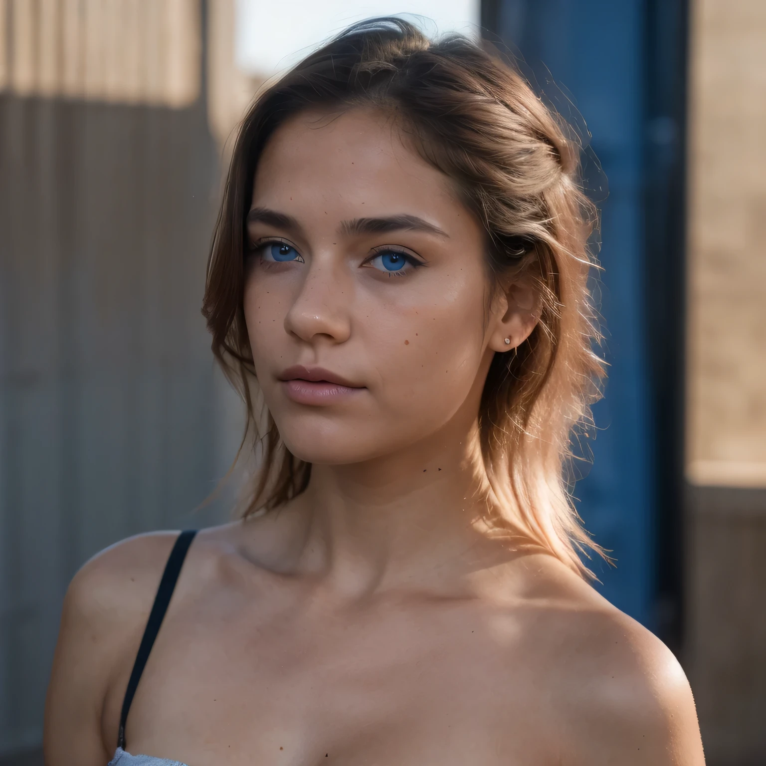 photo of a college student, in Desert Color Coarse Linen Pink,Desert Color Coarse Linen, (freckles:0.8) cute face, sci-fi, dystopian, detailed eyes, Heterochromia eyes（（Side view））（Dune 2）((Cobalt blue eyes))