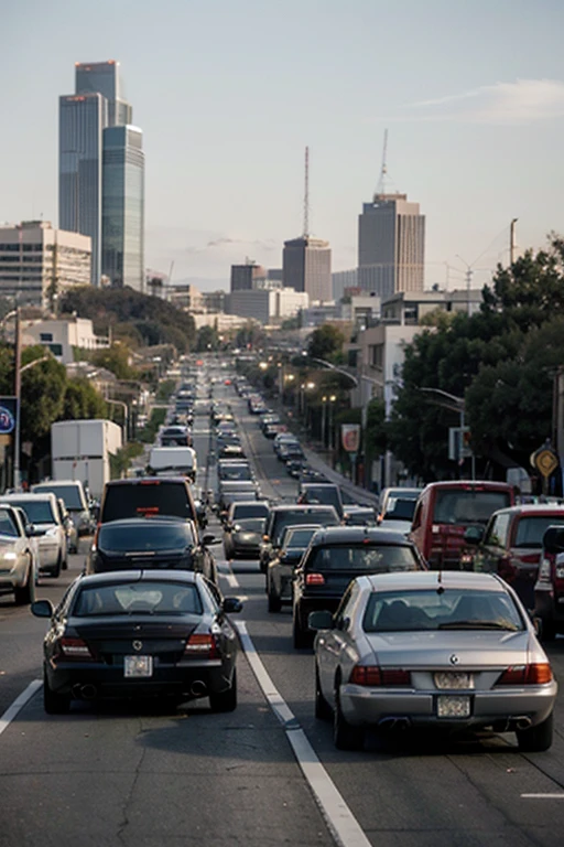 An traffic jam in Los Angeles traffic. Downtown Los Angeles. Luxury cars.