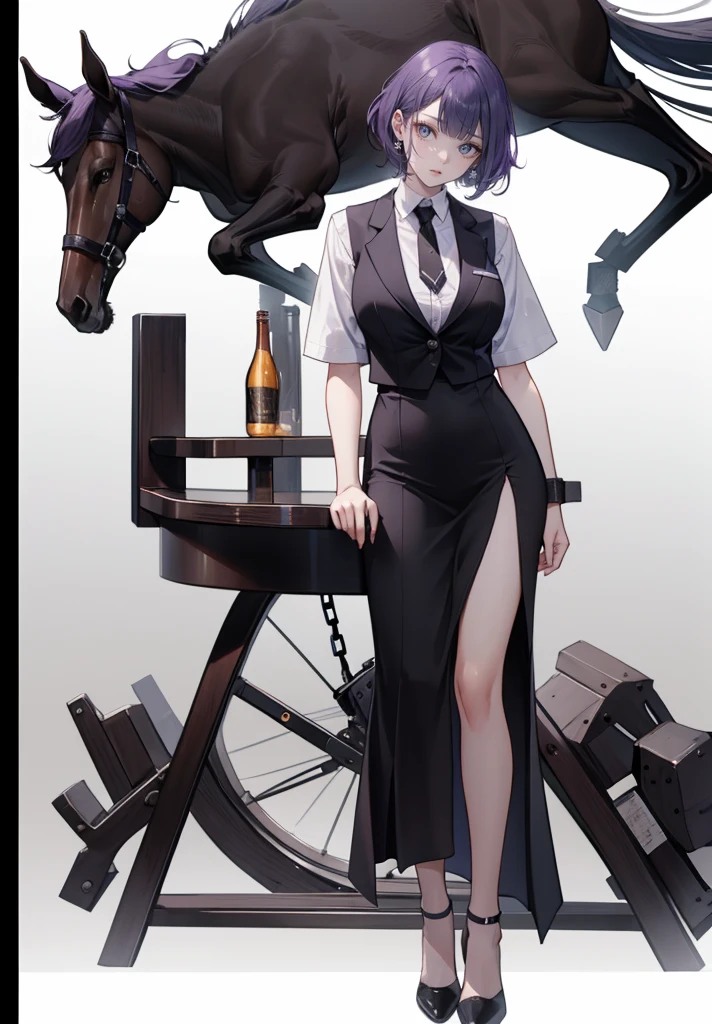 ((Perfect face)),purple hair,shortcut,Adult females,Bartender,((Horse harness)),Black vest,((Shirt with rolled up sleeves)),tie,((Slit)),High heel,,((Simple background)),Smile,((whole body)),((whole body)),a character portrait,upright,,Both arms down,upright,