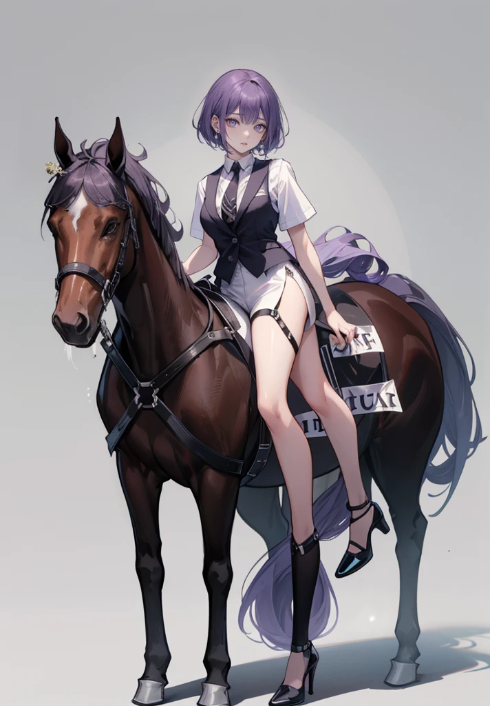 ((Perfect face)),purple hair,shortcut,Adult females,Bartender,((Horse harness)),Black vest,((Shirt with rolled up sleeves)),tie,((Slit)),High heel,,((Simple background)),Smile,((whole body)),((whole body)),a character portrait,upright,,Both arms down,upright,