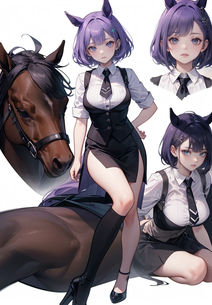 ((Perfect face)),purple hair,shortcut,Adult females,Bartender,((Horse harness)),Black vest,((Shirt with rolled up sleeves)),tie,((Slit)),High heel,,((Simple background)),Smile,((whole body)),((whole body)),a character portrait,upright,,Both arms down,upright,