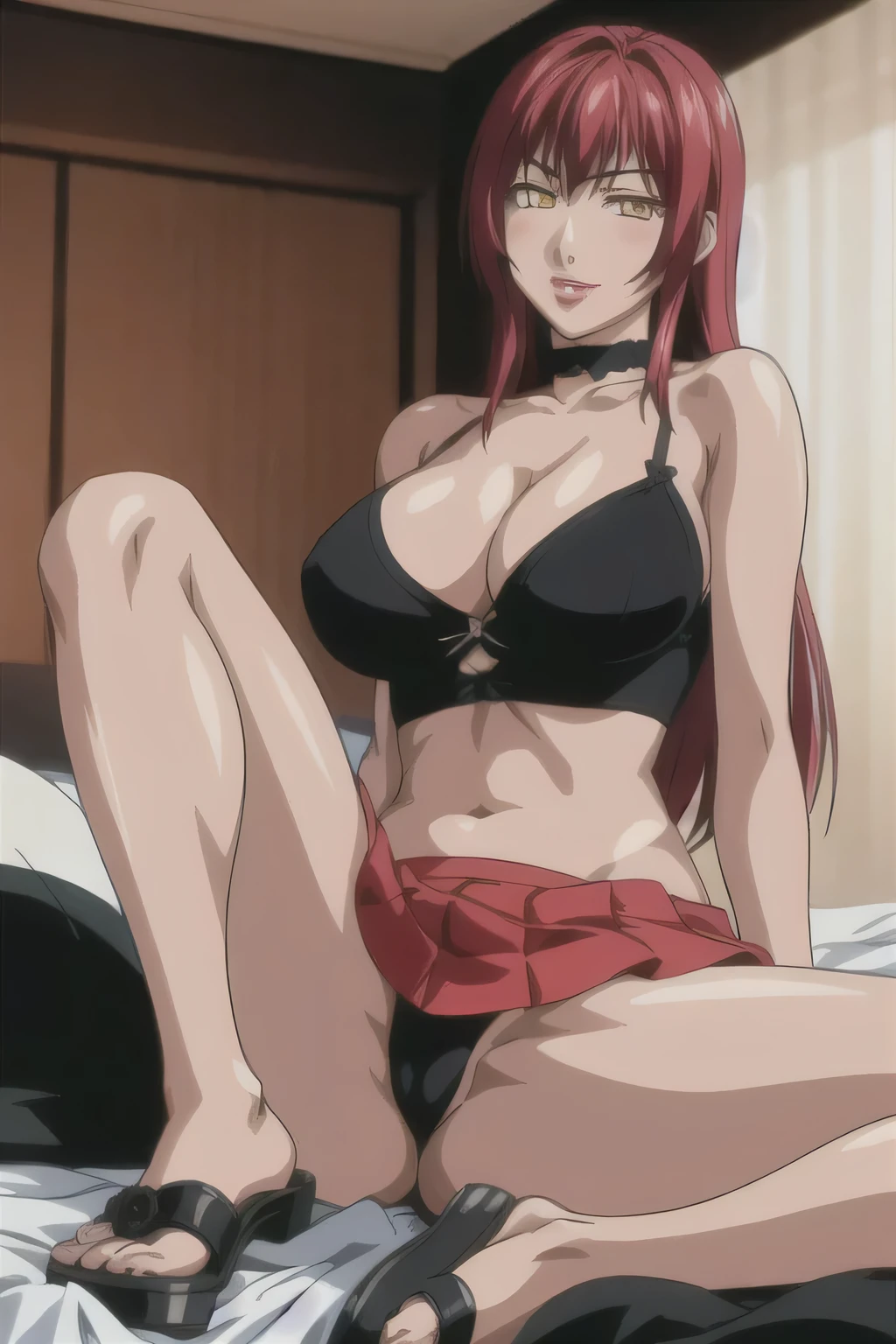 masterpiece, best quality, highres, 2 girls, hirokotakashiro, micro ruffle skirt, black off shoulder crop top , bedroom, full body shot, (smug:0.3), looking at viewer, focus solo, sexy pose, crossing legs, mature, flip flops, detailed feet, busty, cleavage, redhead, seductive, dangling shoes, red eyeshadow, glossy lips, black choker, long hair, sitting on bed, complete body, seducing, yellow eyes, seducing each other, crowd watching them with lust, kissing, separate bodies, nasty,