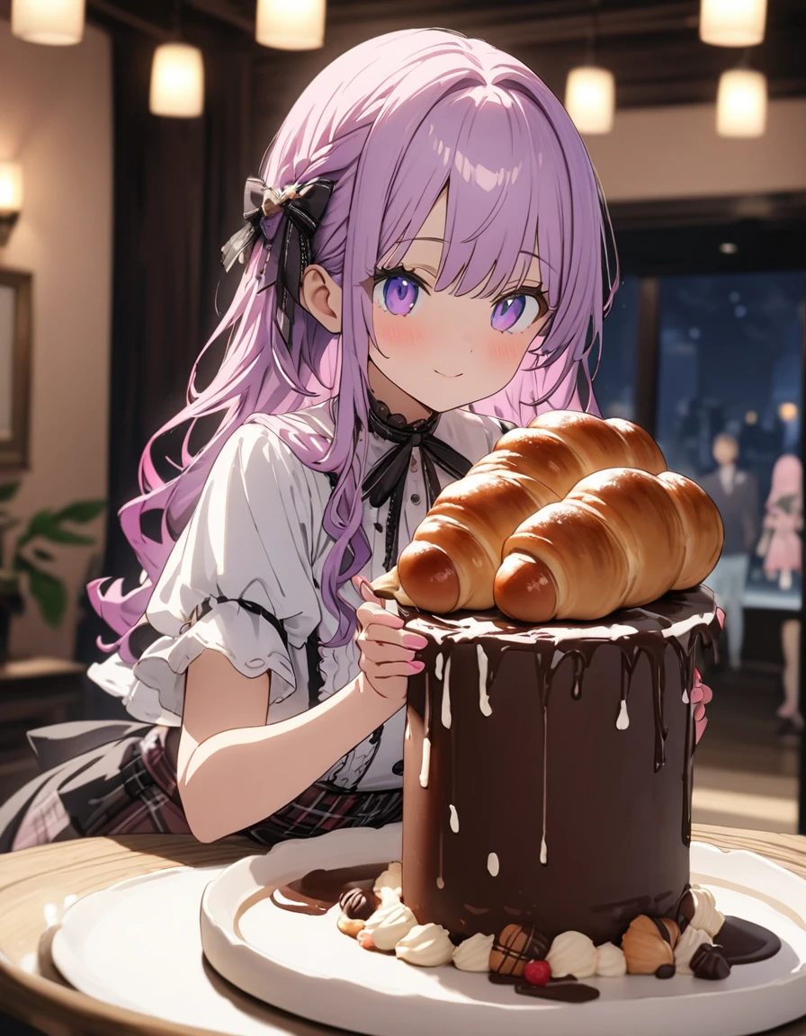 (Background Blur),(A living room with a bright atmosphere thanks to the sunlight)、Daytime、(ゆったりできる柔らかい素材のソファーに座りChocolate cornetを食べている:1.4)、(1 girl)、(Wavy short hair、Purple Hair) 、(Chocolate cornet:1.2)、(Girly Fashion)、(((girly style))),((figure、High quality 8k))、indoor、(highest quality、masterpiece、High resolution、detailed)、animeスタイル、Flat Style, BREAK,flat color, flat shading、extremely detailed、eyes shining colors illuminated light, Delicate and beautiful face, (The Shining), Best lighting, Best Shadow、High saturation,Dynamic Angle、Moe anime official art、anime、Warm and soft atmosphere