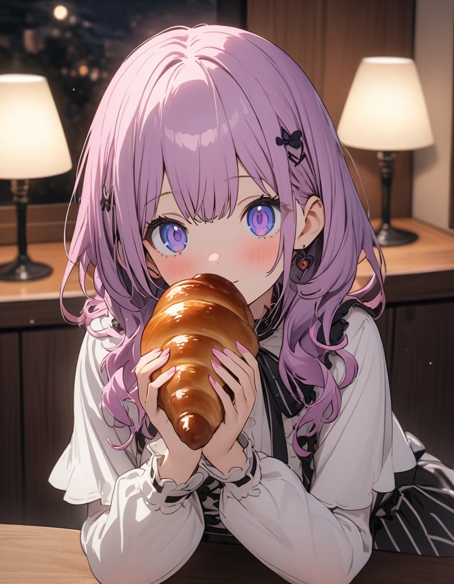 (Background Blur),(A living room with a bright atmosphere thanks to the sunlight)、Daytime、(ゆったりできる柔らかい素材のソファーに座りChocolate cornetを食べている:1.4)、(1 girl)、(Wavy short hair、Purple Hair) 、(Chocolate cornet:1.2)、(Girly Fashion)、(((girly style))),((figure、High quality 8k))、indoor、(highest quality、masterpiece、High resolution、detailed)、animeスタイル、Flat Style, BREAK,flat color, flat shading、extremely detailed、eyes shining colors illuminated light, Delicate and beautiful face, (The Shining), Best lighting, Best Shadow、High saturation,Dynamic Angle、Moe anime official art、anime、Warm and soft atmosphere