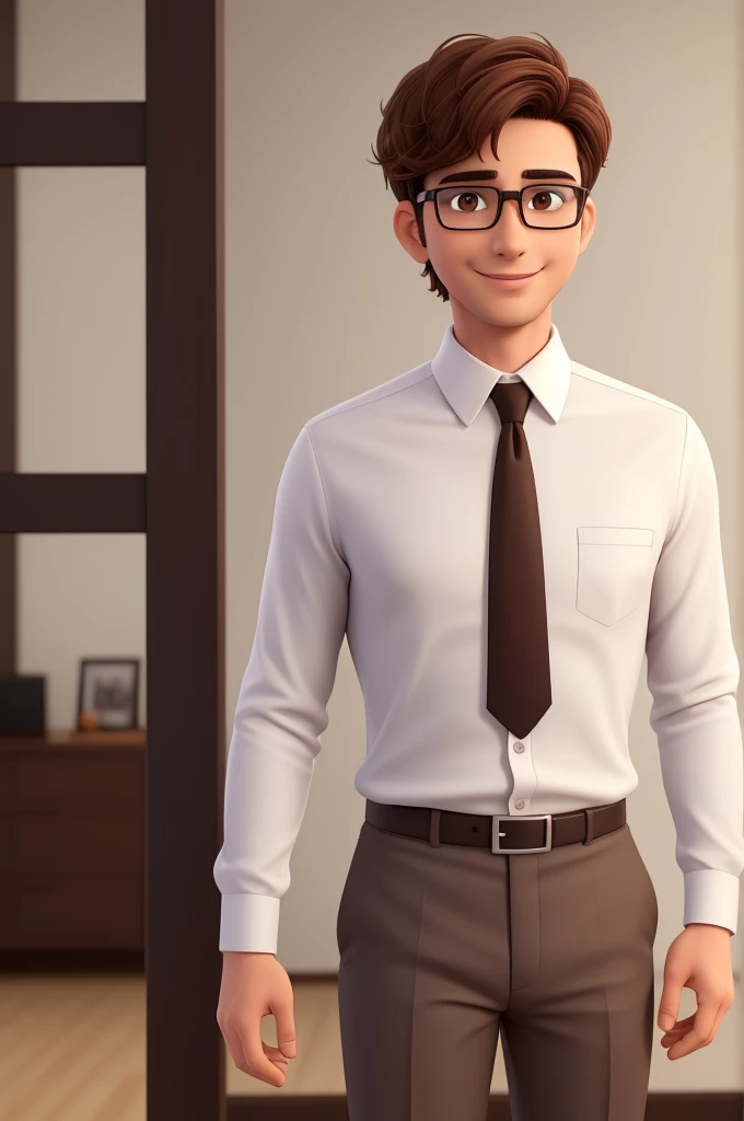 A man of 30 years old, with short brown hair,diamond face, strict look, and brown eyes, wearing white white shirt with necktie and glasses. full body, sweet smile