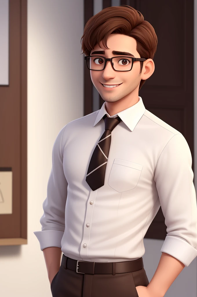 A man of 30 years old, with short brown hair,diamond face, strict look, and brown eyes, wearing white white shirt with necktie and glasses. full body, sweet smile