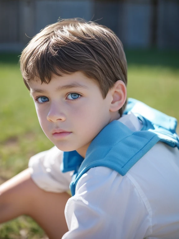 A 10-year-old boy with light brown hair, white skin, blue eyes, fine European features, a sad melancholic look., en un campo nudista