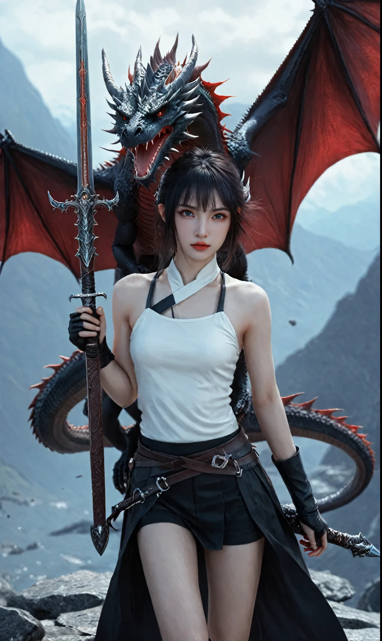 Female, fantasy, art, black, White, Red, Dragon, sword, by Yang J, dark fantasy style art, Epic fantasy art style, 2. 5 D CGI anime fantasy artwork, Fantasy art style, Fanart Meilleure ArtStation, Epic fantasy art style HD, 4K fantasy art